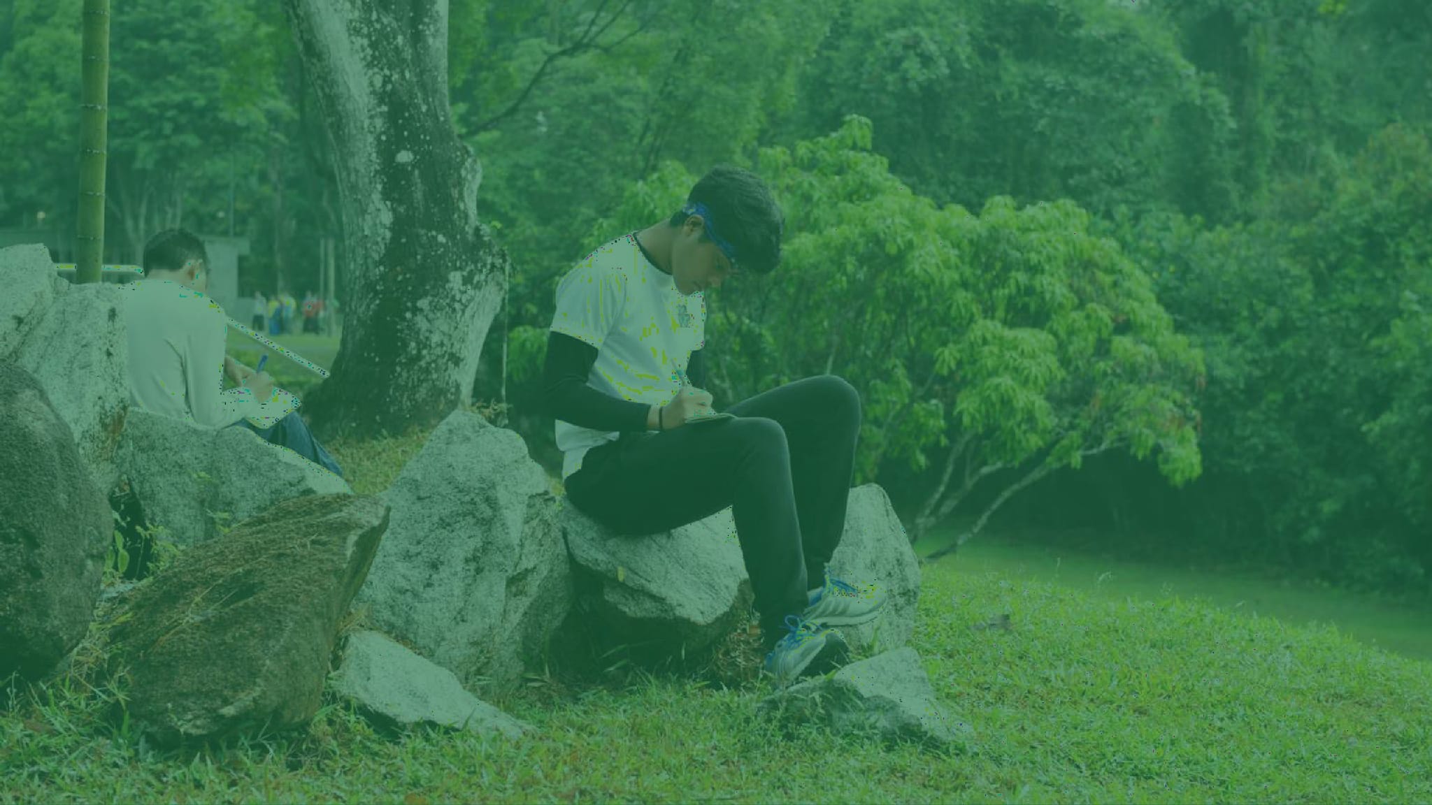 Two people sit on large rocks in a green park, writing or reading, surrounded by trees and grass.