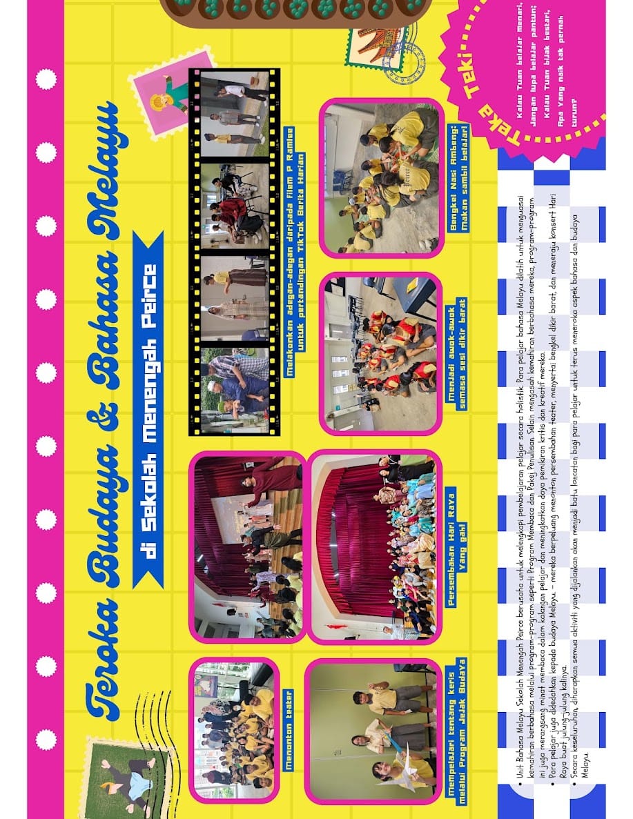 Colorful Malay-language school poster with multiple photos of students performing cultural activities and theater.