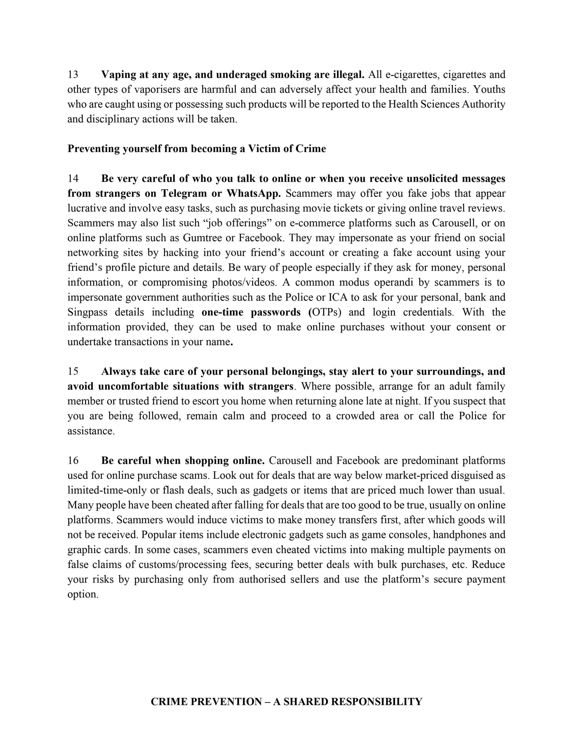 A printed document with numbered safety tips about vaping laws, online scams, and crime prevention advice.