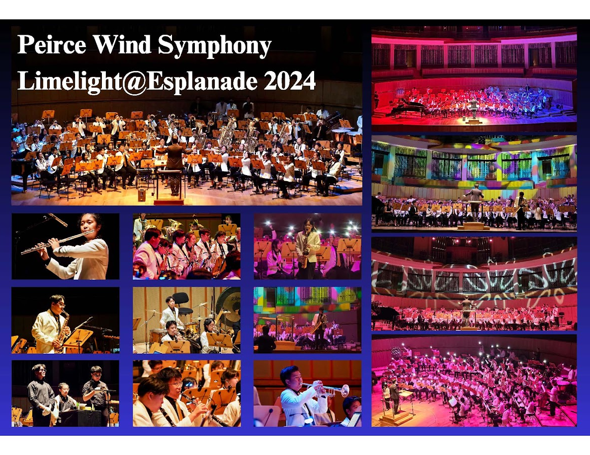 Collage of Peirce Wind Symphony Limelight at Esplanade 2024 concert photos with colorful stage lighting.