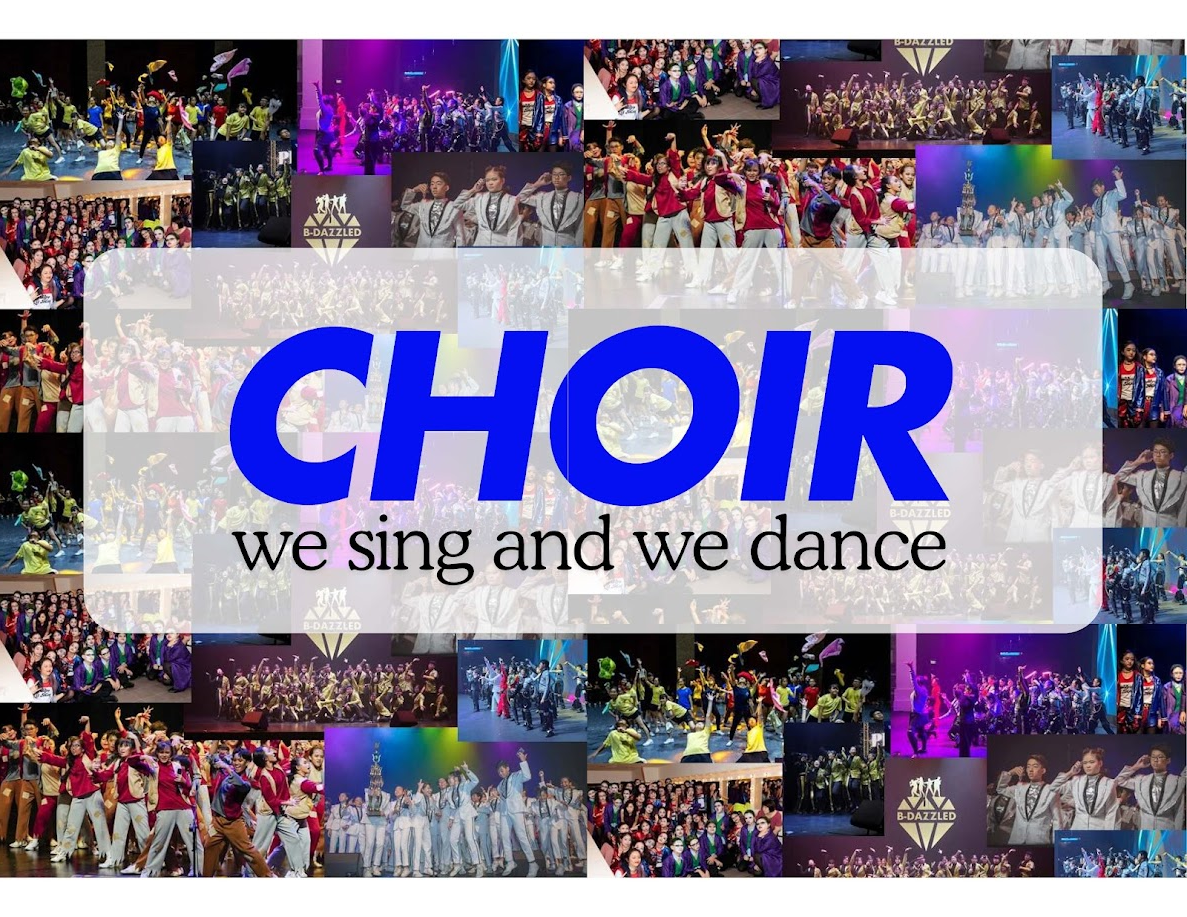 Collage of choir group performance photos with bold blue text reading CHOIR we sing and we dance overlaid in center.
