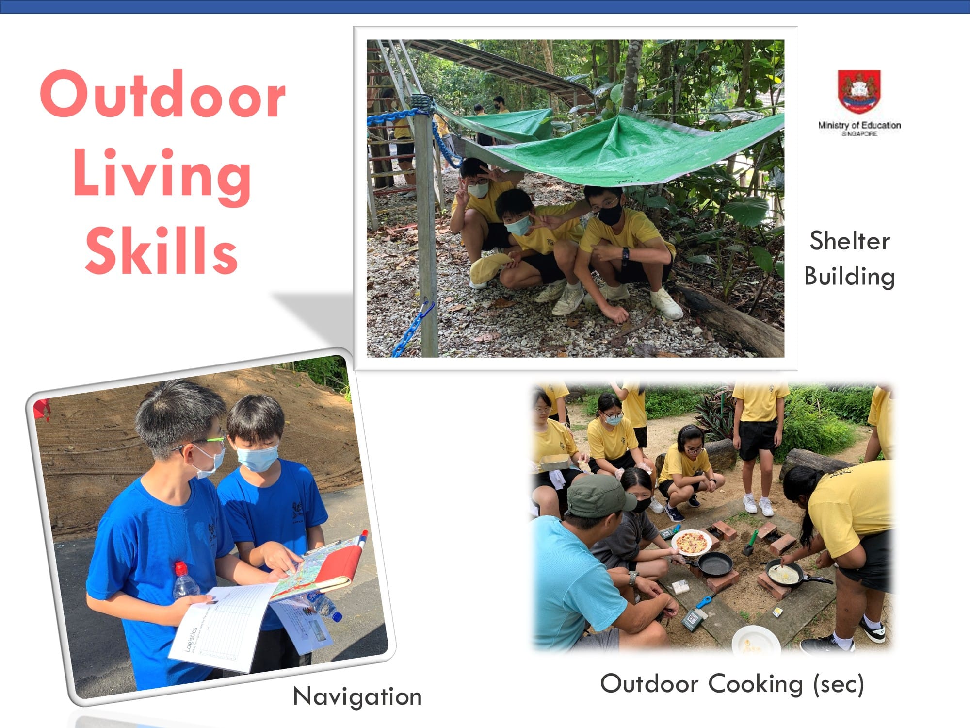 Slide titled Outdoor Living Skills showing students doing shelter building, map navigation, and outdoor cooking.