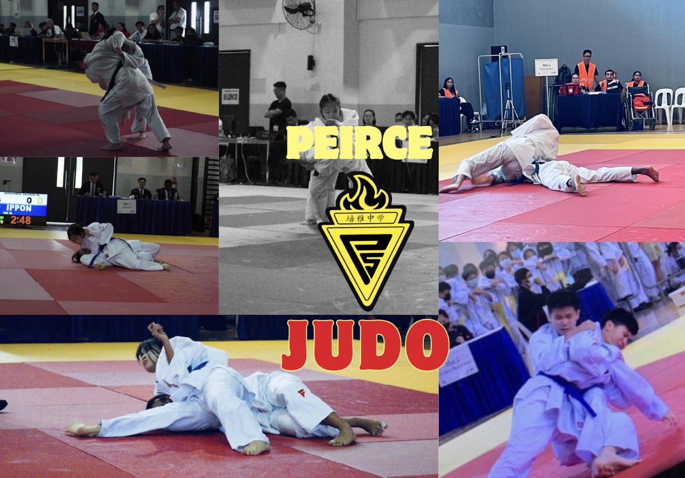 Collage of judo competitors in white uniforms grappling on mats, with Peirce Judo text and school emblem in center.