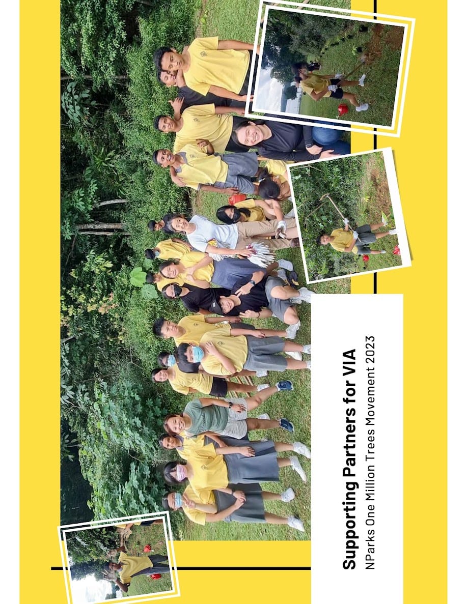 Students in yellow shirts pose outdoors among trees for NParks One Million Trees Movement 2023.