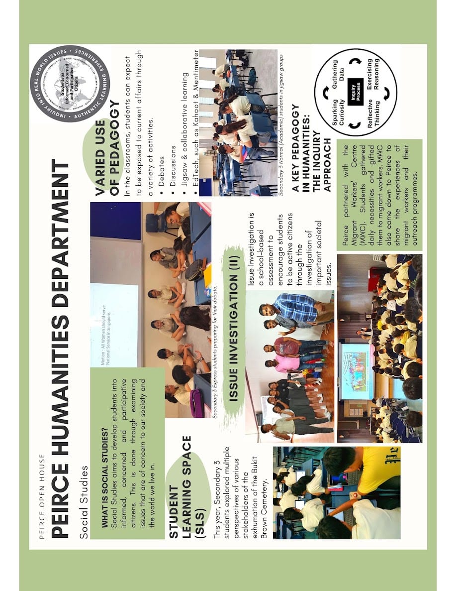 Peirce Humanities Department open house flyer showing Social Studies pedagogy with classroom photos and text sections.