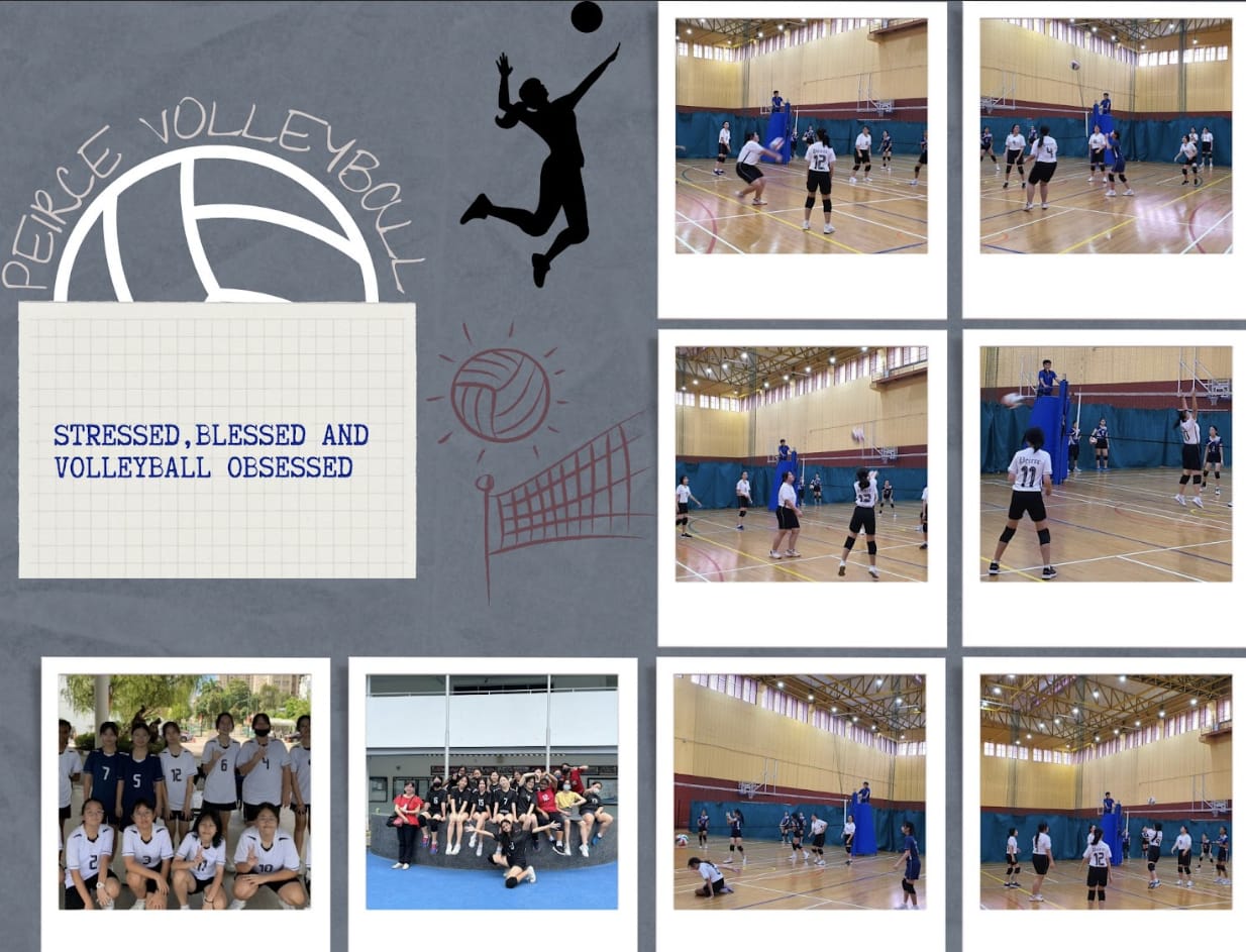 Peirce Volleyball collage with team photos and indoor match action shots, featuring the quote "Stressed, Blessed and Volleyball Obsessed."