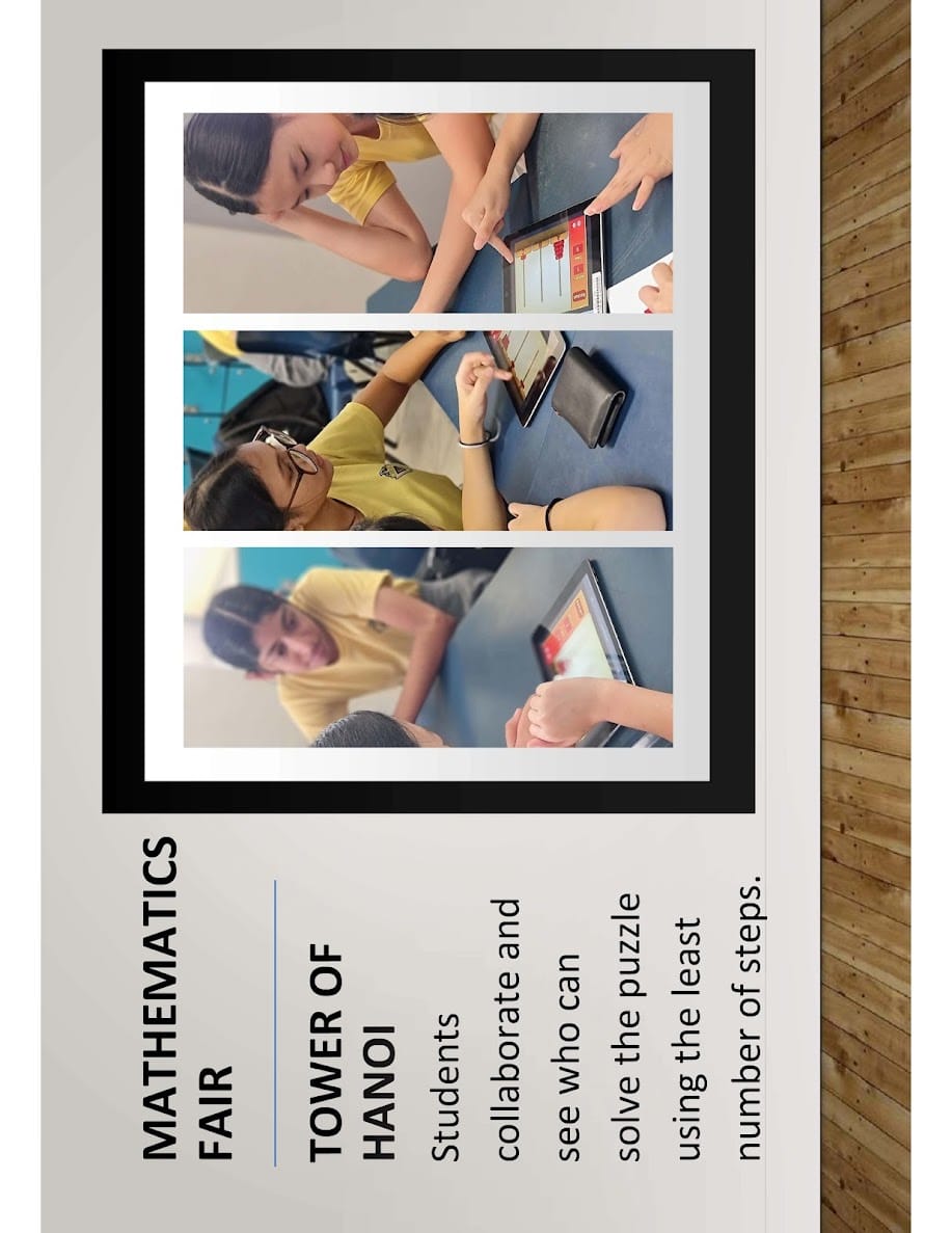 Three photos show students in yellow shirts pointing at a tablet, with text reading Mathematics Fair Tower of Hanoi.