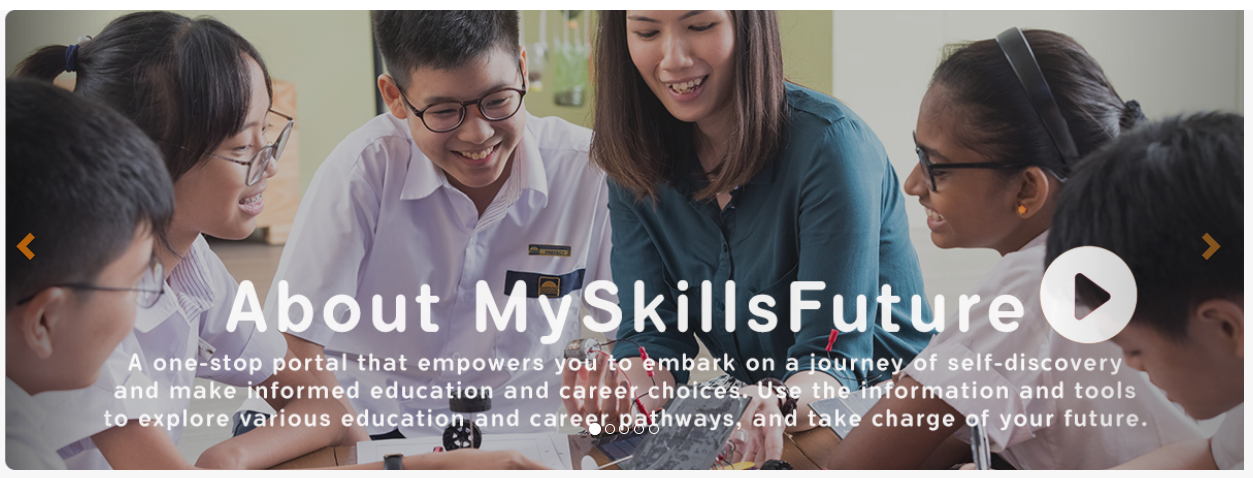 A teacher smiles with a group of students gathered around a table, overlaid with About MySkillsFuture text.
