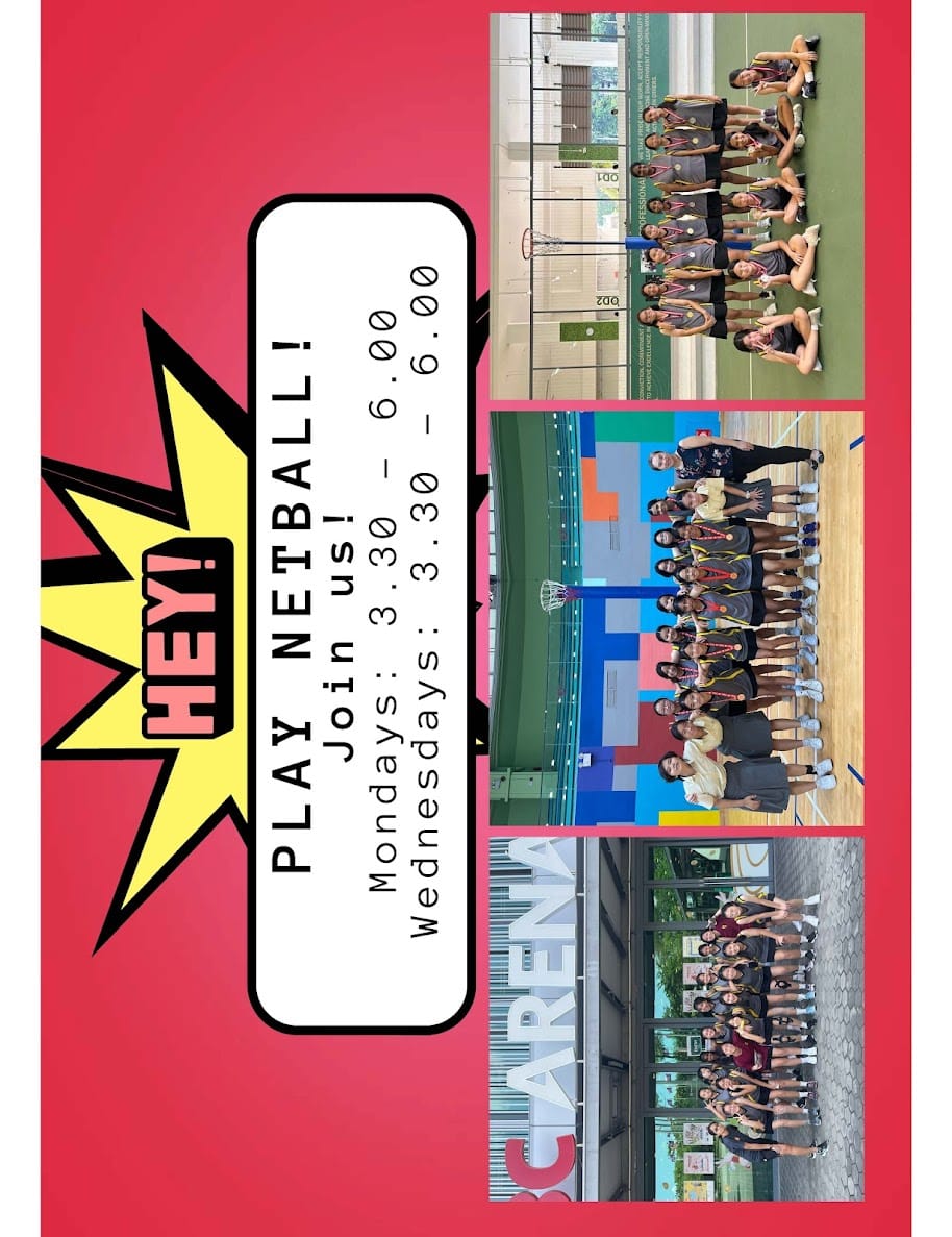Netball recruitment flyer on red background with three team photos and session times Mondays and Wednesdays 3:30 to 6:00.