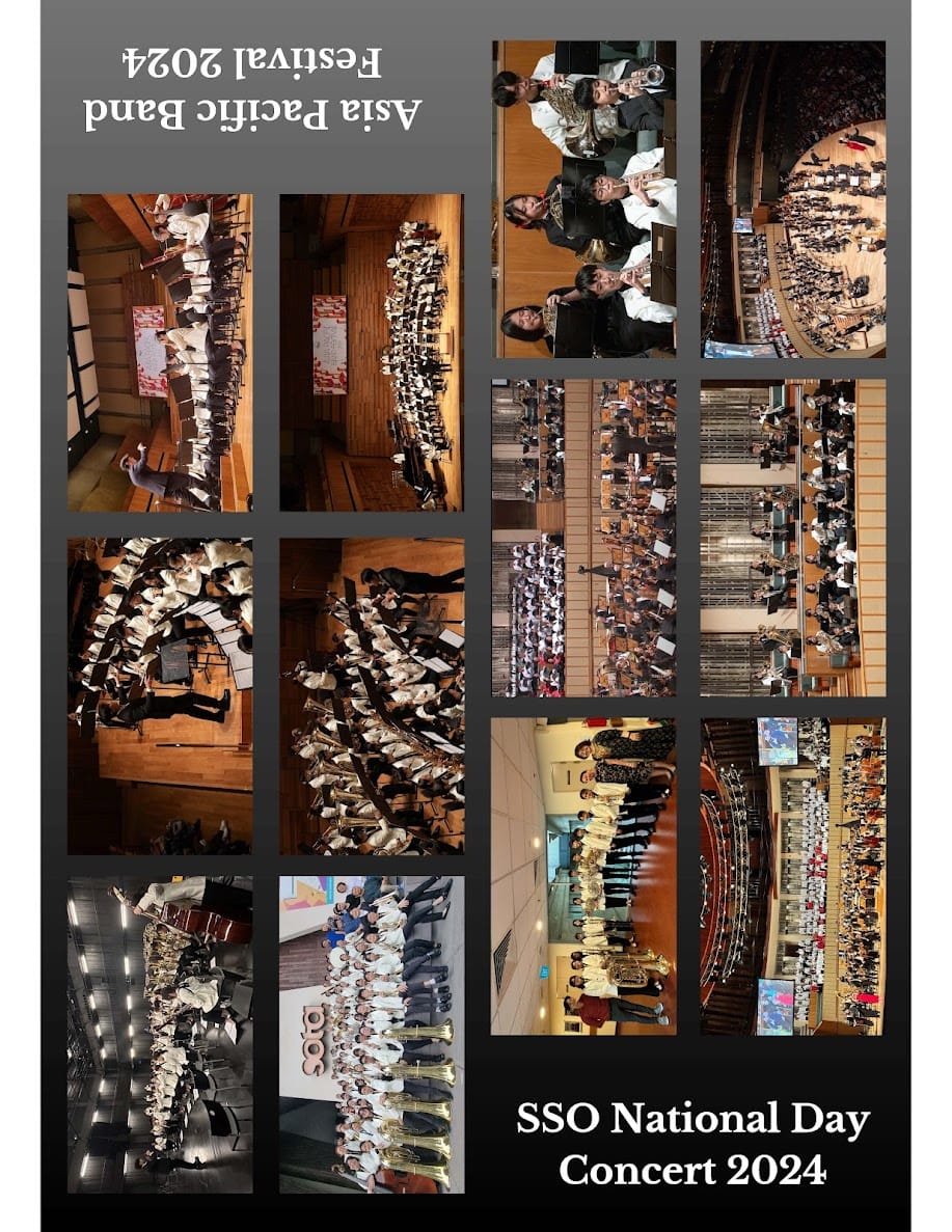 Collage of band and orchestra performance photos labeled Asia Pacific Band Festival 2024 and SSO National Day Concert 2024.