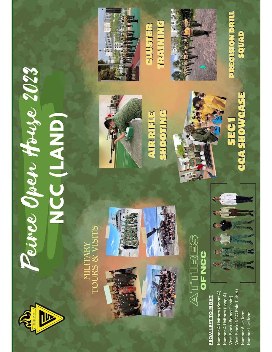 Peirce Open House 2023 NCC Land poster showing cadets in drills, air rifle shooting, and military tours on green camo background.