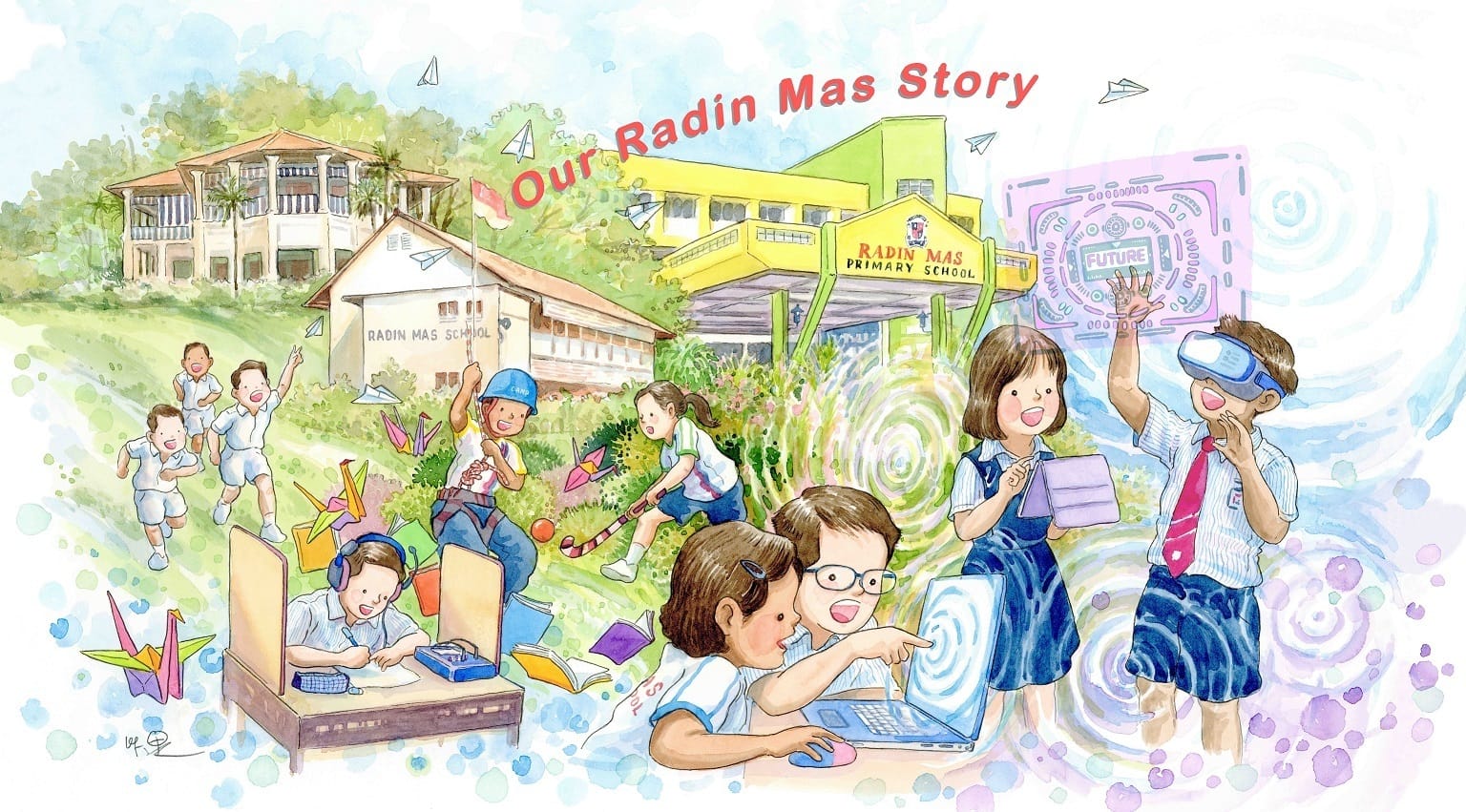 Watercolor illustration of children at Radin Mas Primary School learning, playing, and using technology like VR and laptops.