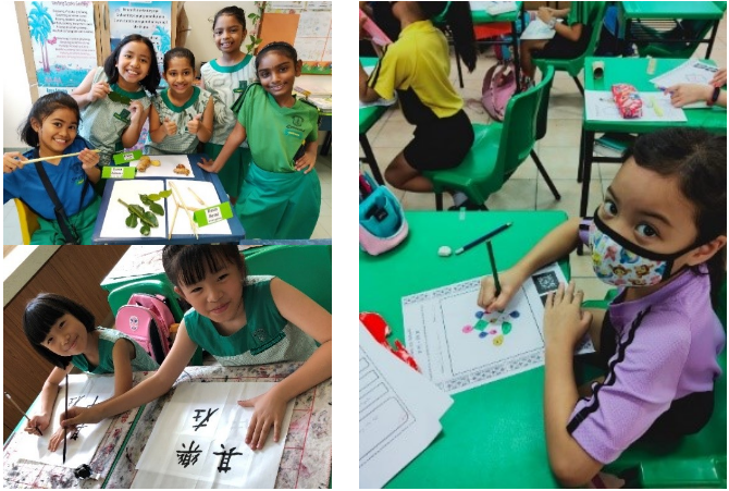 Children in green uniforms doing art activities including leaf art, Chinese calligraphy, and painting at green desks.