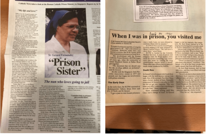 Newspaper article titled "When I was in prison, you visited me" featuring Sr. Gerard Fernandez.