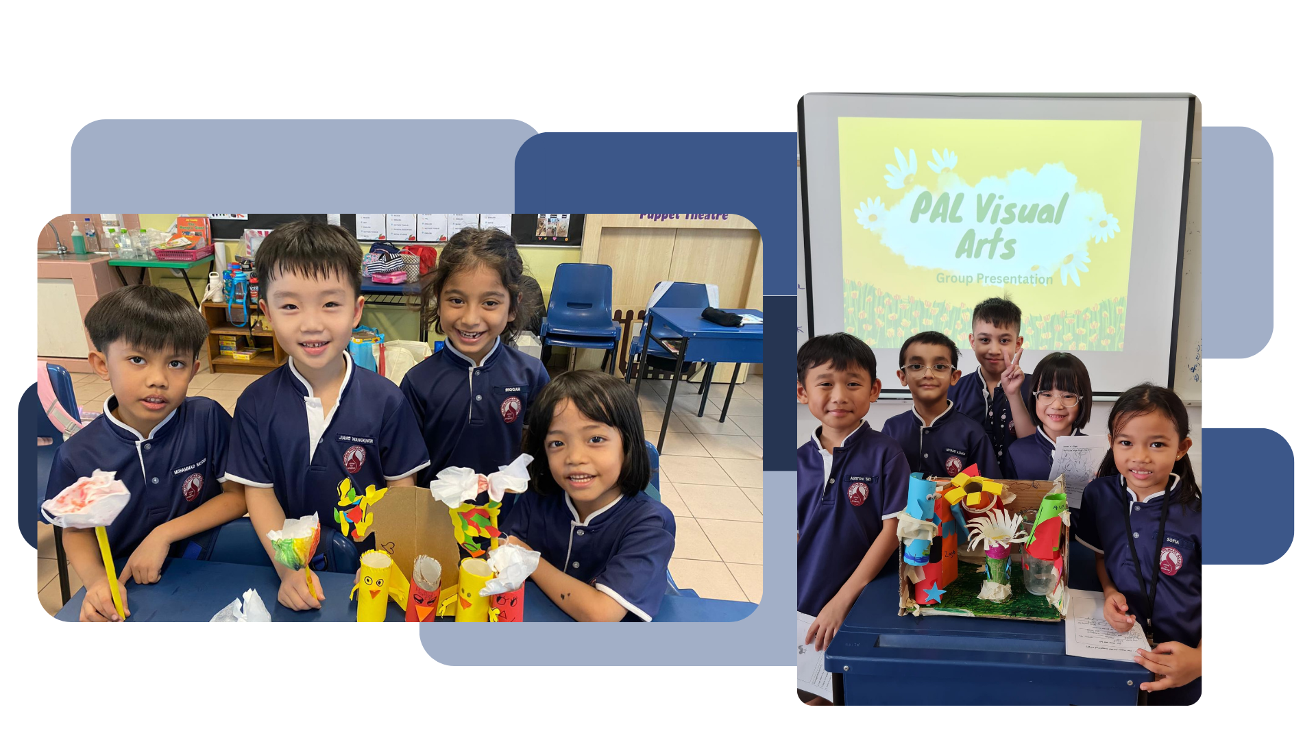 Young students in navy uniforms display colorful craft projects during a PAL Visual Arts group presentation in a classroom.