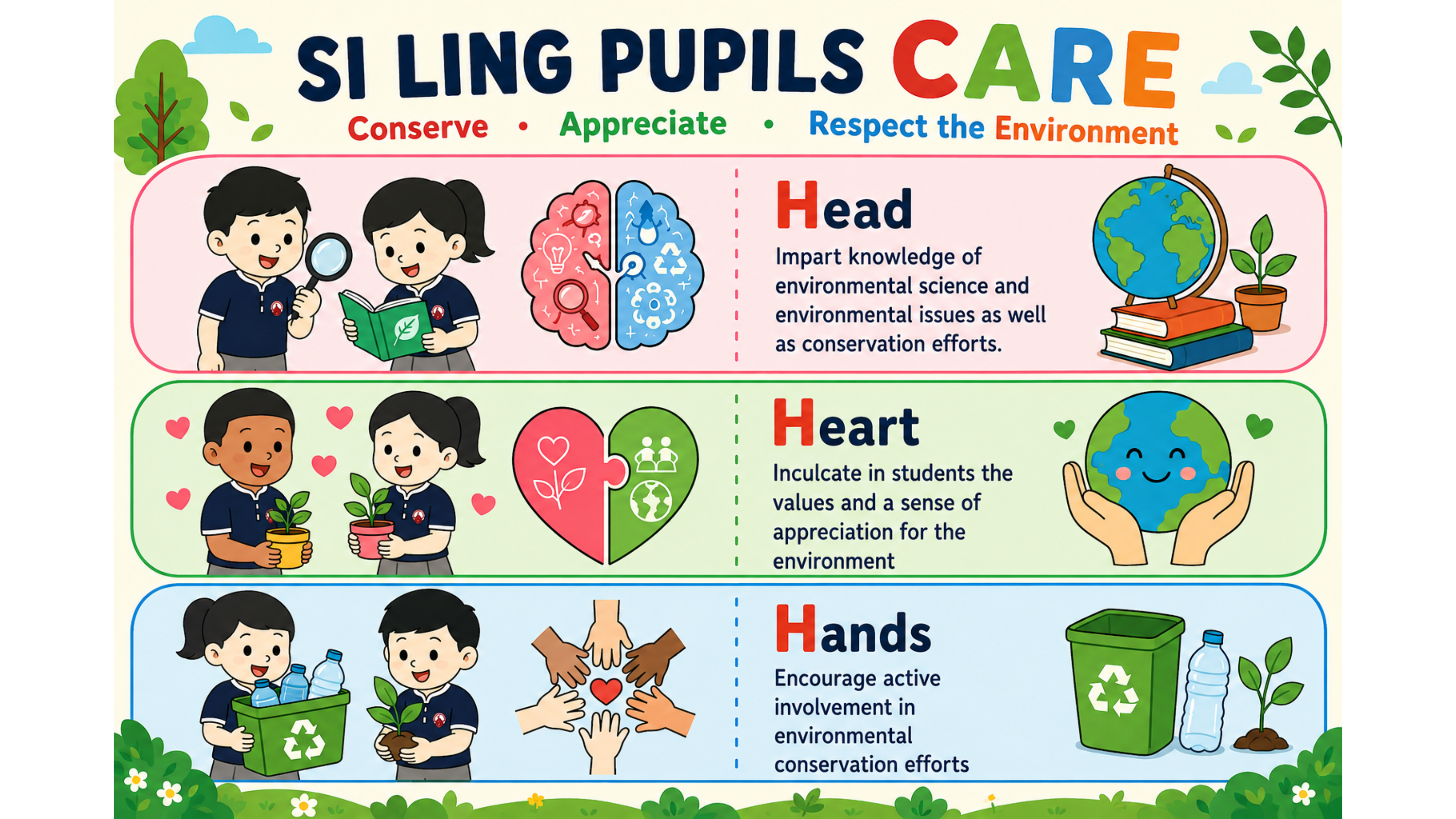Si Ling Pupils CARE infographic showing a Head, Heart, Hands framework for environmental education.
