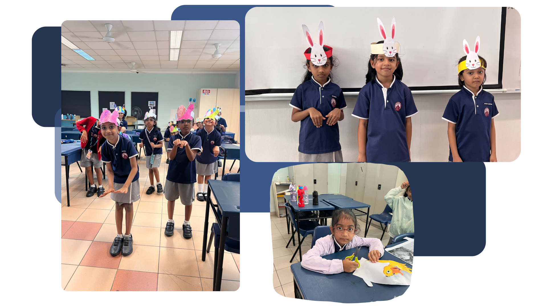 School children in navy uniforms wearing handmade paper bunny headbands in a classroom craft activity.