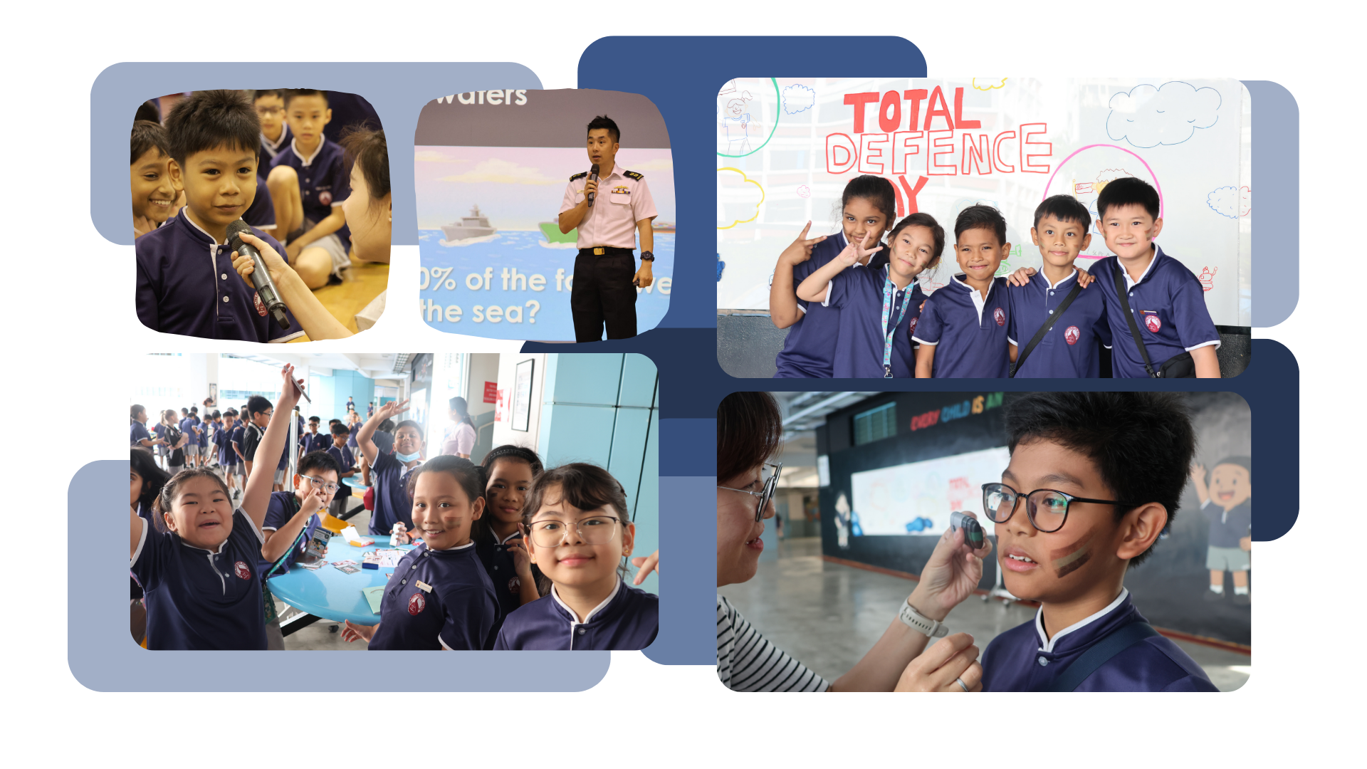 Collage of school children at a Total Defence Day event, with activities including a talk, games, and face painting.