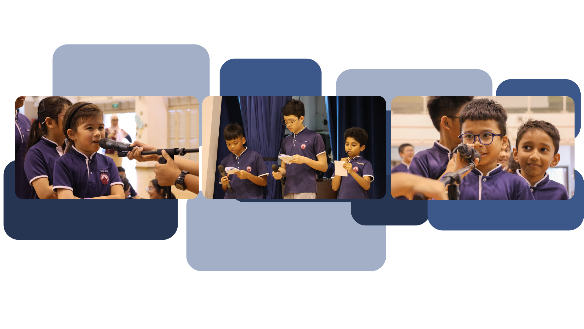 Three photos showing students speaking into microphones during a Student Voice Forum. Students are seen giving feedback and sharing their thoughts, with the emcees holding cue cards while speaking on stage.