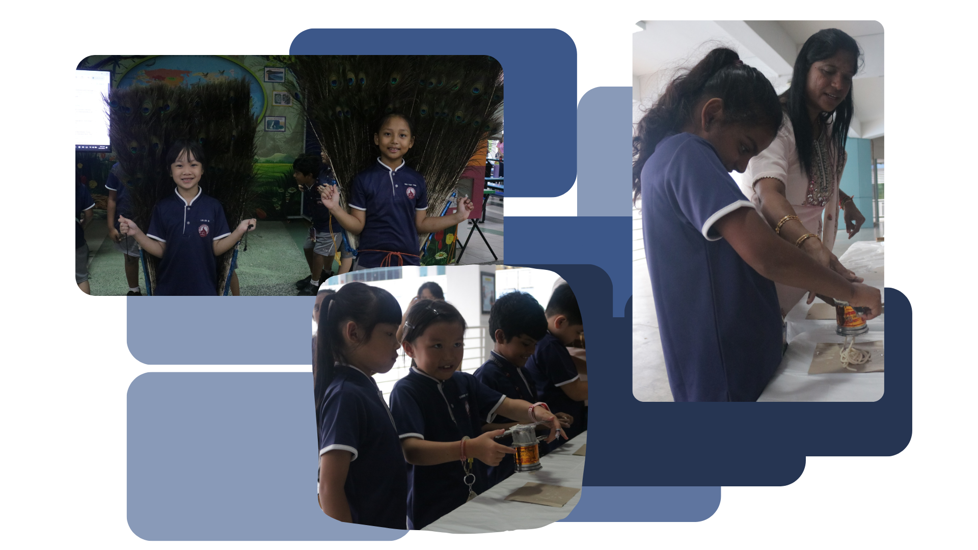 Three photos of school children in navy uniforms exploring peacock feathers and small bells with a teacher.
