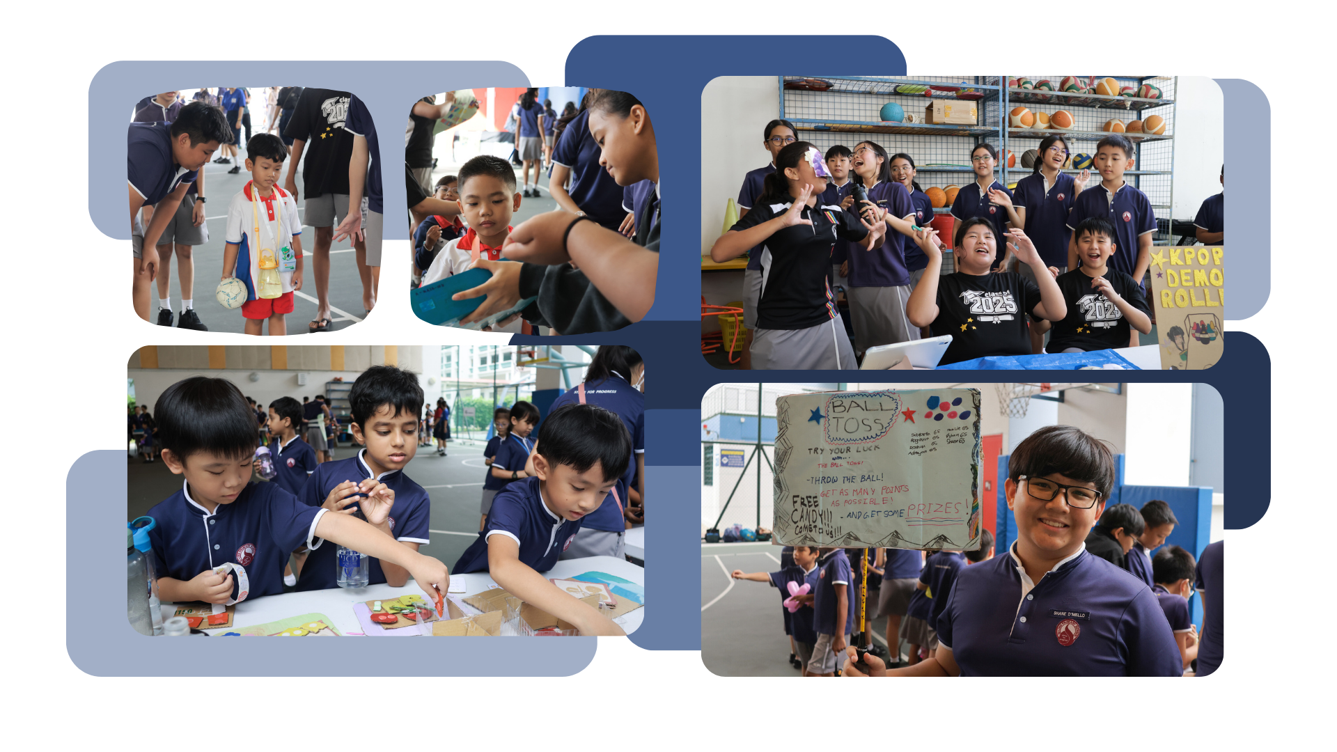 Collage of school children in navy uniforms participating in various fun fair activities including ball toss and crafts.