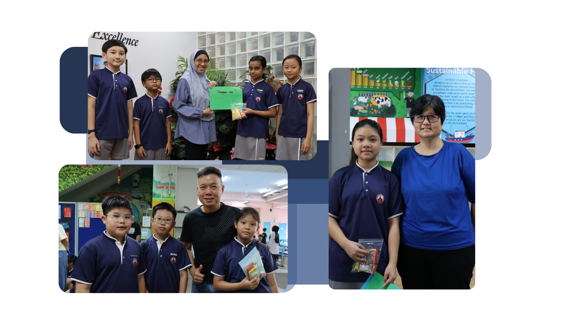 Three school photos show students in navy uniforms posing with adults, holding cards and small gift bags indoors.
