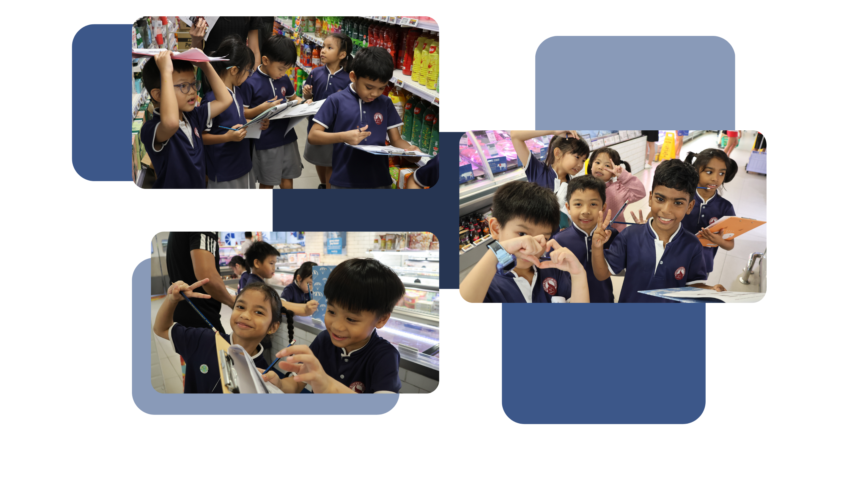 Students in school uniforms on a supermarket learning trail as part of Math Week, with one group examining product labels along the shelves with clipboards, another pair of students smiling and pointing at items near a refrigerated section, and a group of students posing cheerfully with their activity booklets in the supermarket aisles.