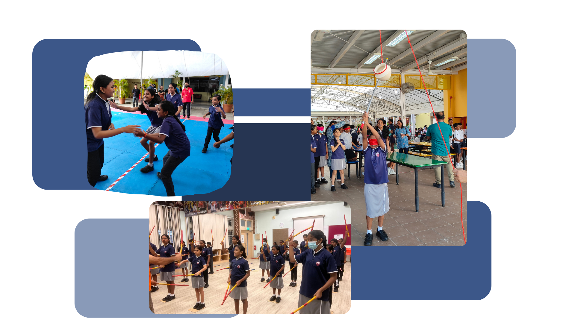 Three photos of school children in blue uniforms doing outdoor games, a ball-on-string activity, and stick exercises indoors.