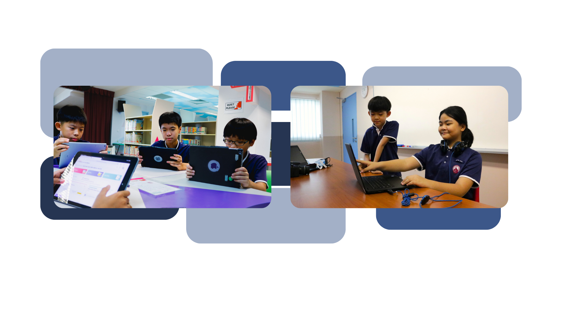 Students in school uniforms using digital devices for learning, with one group working on tablets in the school library, and another pair of students collaborating on a laptop in a classroom.