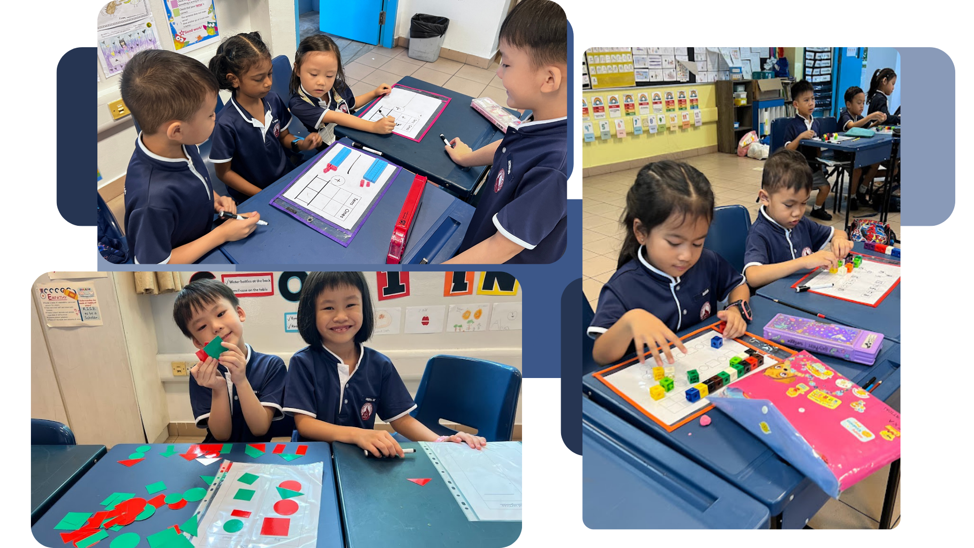 Young students in navy uniforms doing hands-on math activities with colorful blocks and shape cutouts in a classroom.