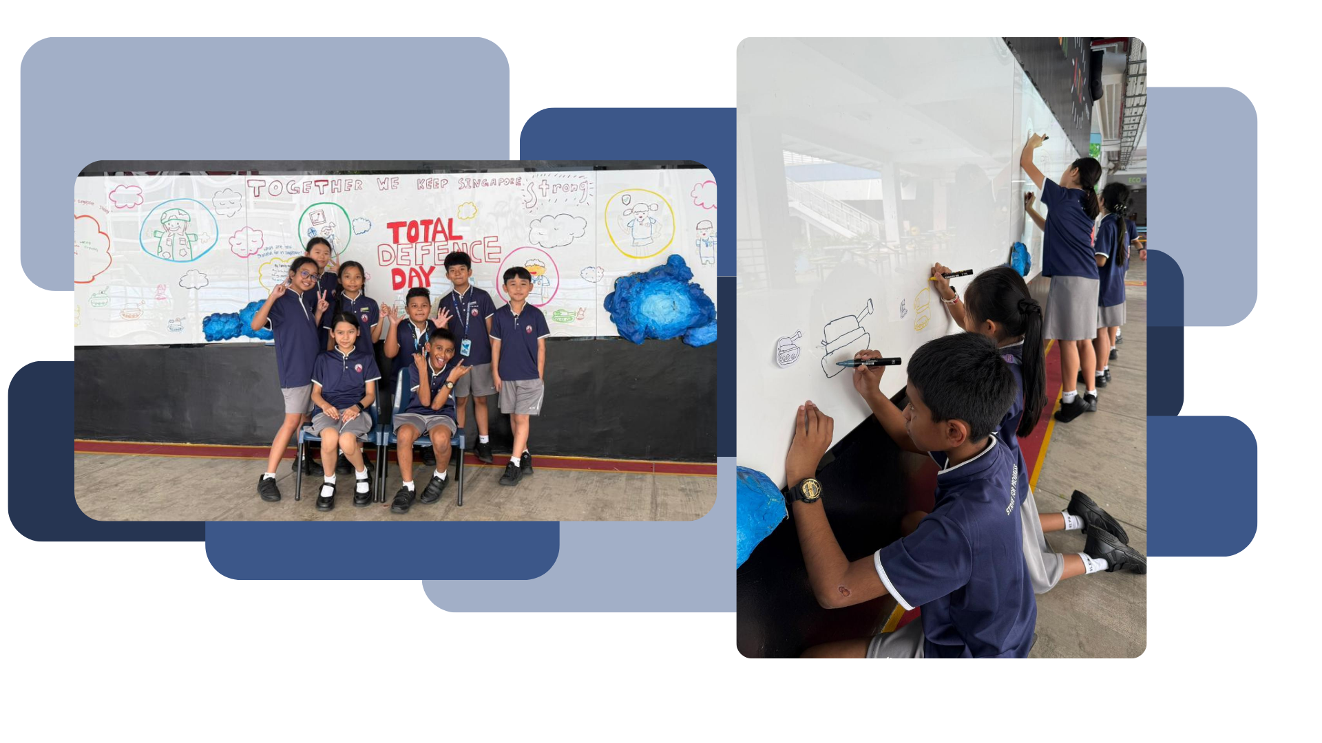 Primary school children in school uniforms celebrate Total Defence Day. posing in front of a colourful mural and drawing on a whiteboard wall.