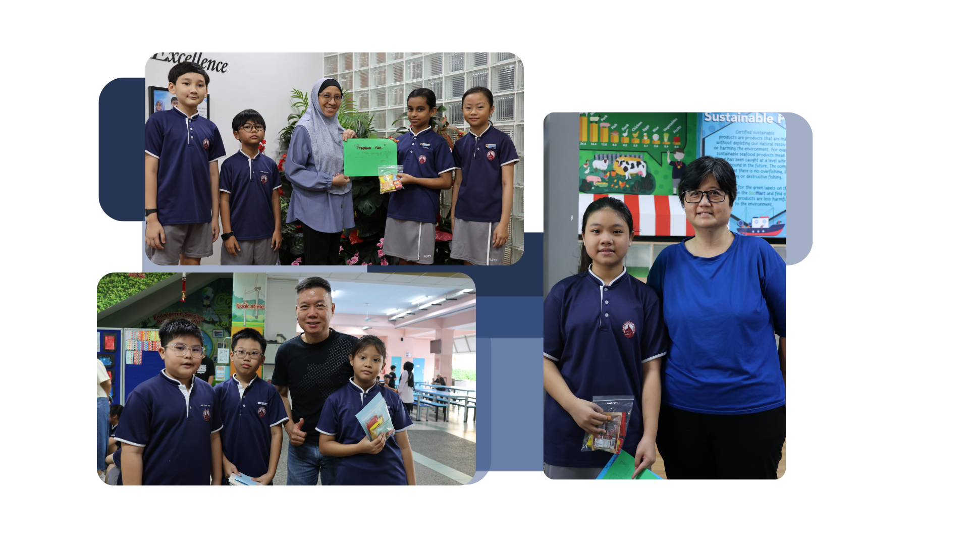 Three photos showing students giving a token of appreciation to the non-teaching staff. In the first photo, a group of students poses with our Administrative Executive (AE) holding a green card and a gift. In the second photo, three students posing for a photo in the school canteen with our Operations Manager (OM) while he gives a thumbs up. In the third photo, a student stands with our Customer Service Officer (CSO) in front of a display board on sustainable food.