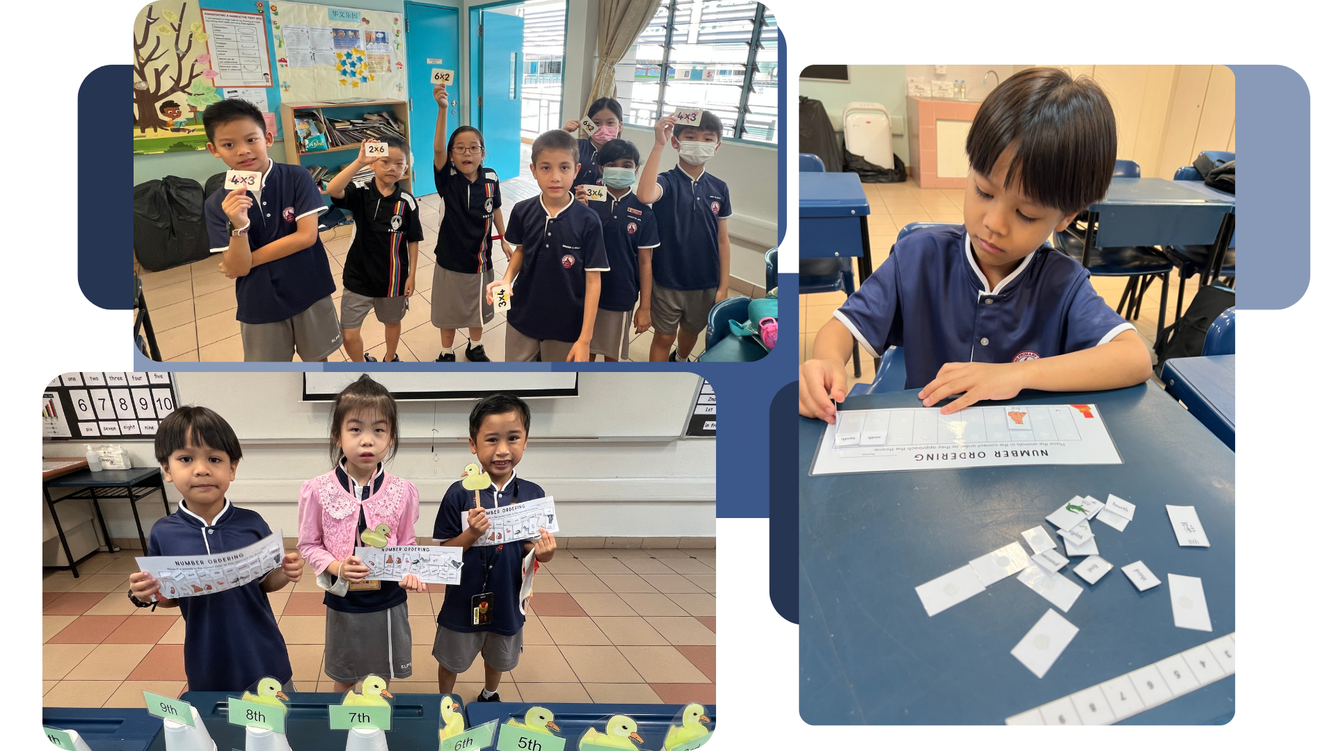 Young students in uniforms doing math activities: holding multiplication cards and completing a number ordering worksheet.