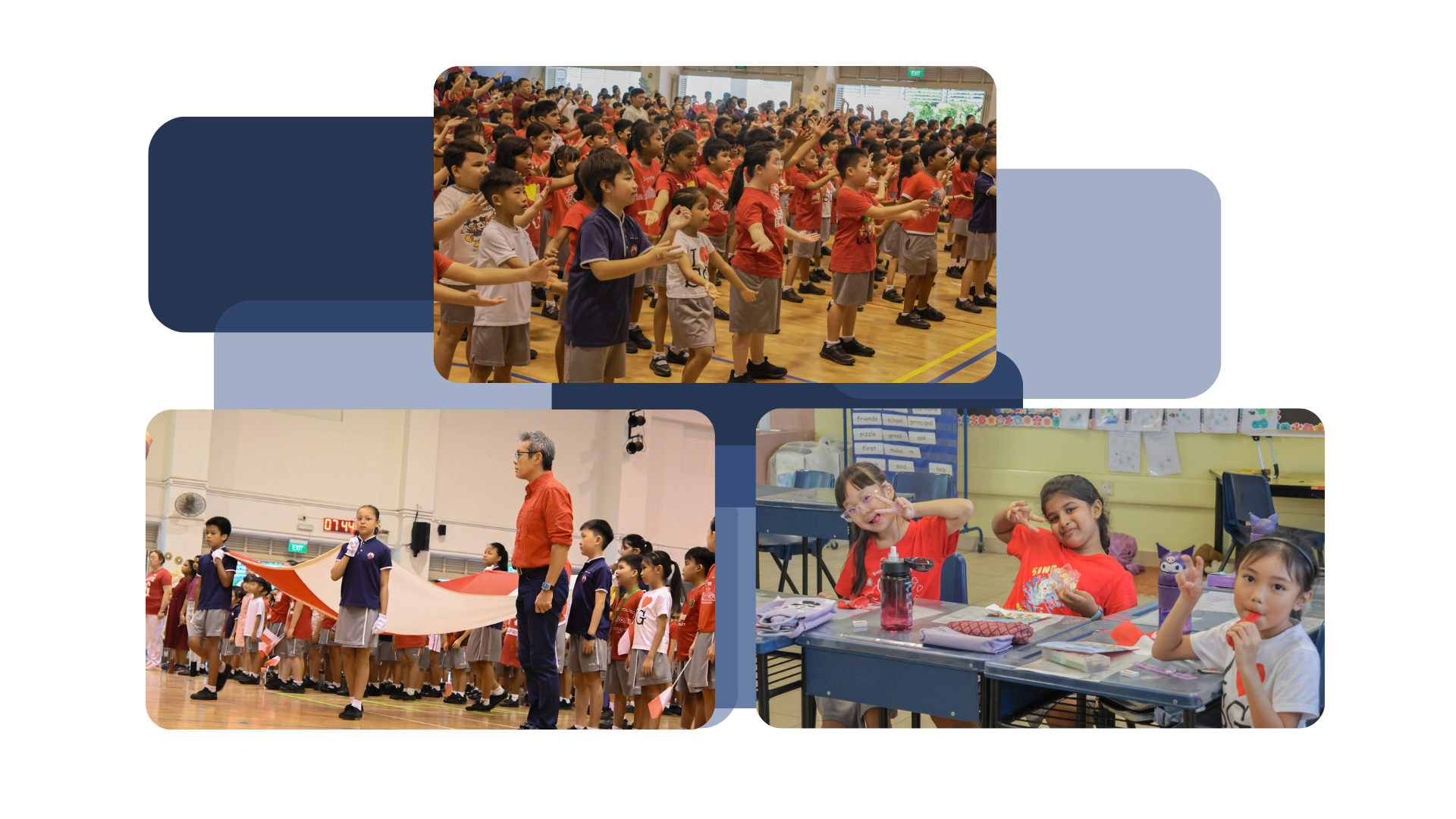 Three school event photos: children dancing in a hall, a flag ceremony, and girls posing at a classroom desk.