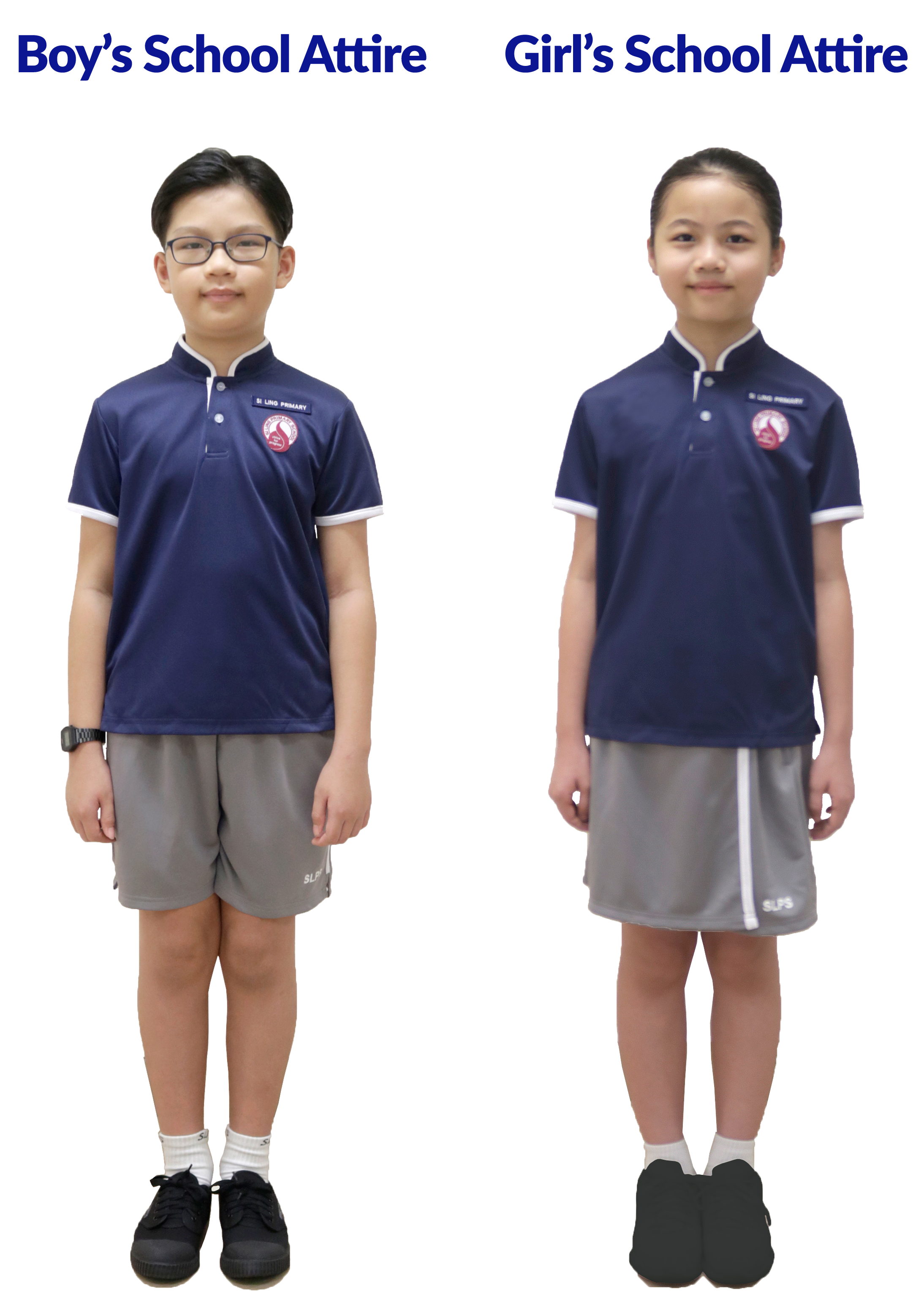 Boy and girl in navy collared school shirts; boy wears grey shorts, girl wears grey skirt, both in black shoes.