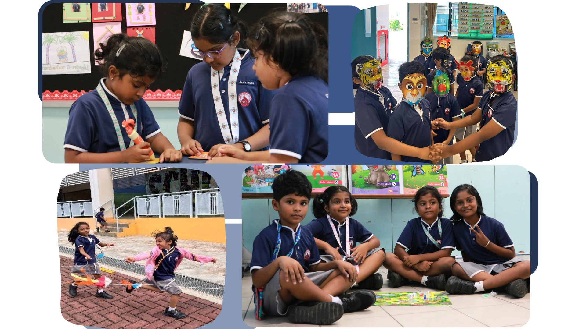 Four photos of young students in navy uniforms doing activities: crafts, wearing animal masks, playing outside, and sitting together.