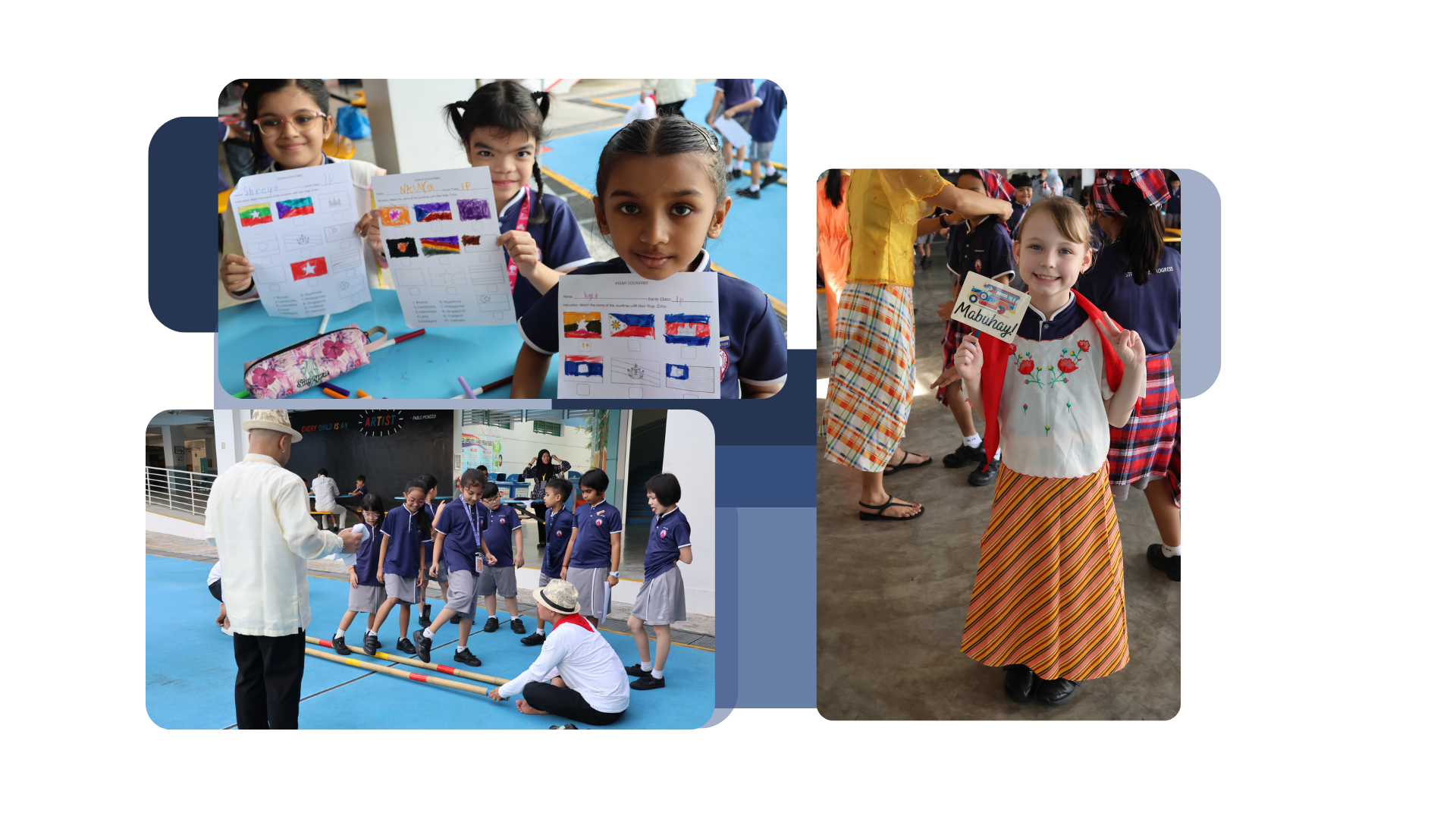 Children at a multicultural school event holding flag drawings, playing bamboo pole games, and wearing traditional costumes.