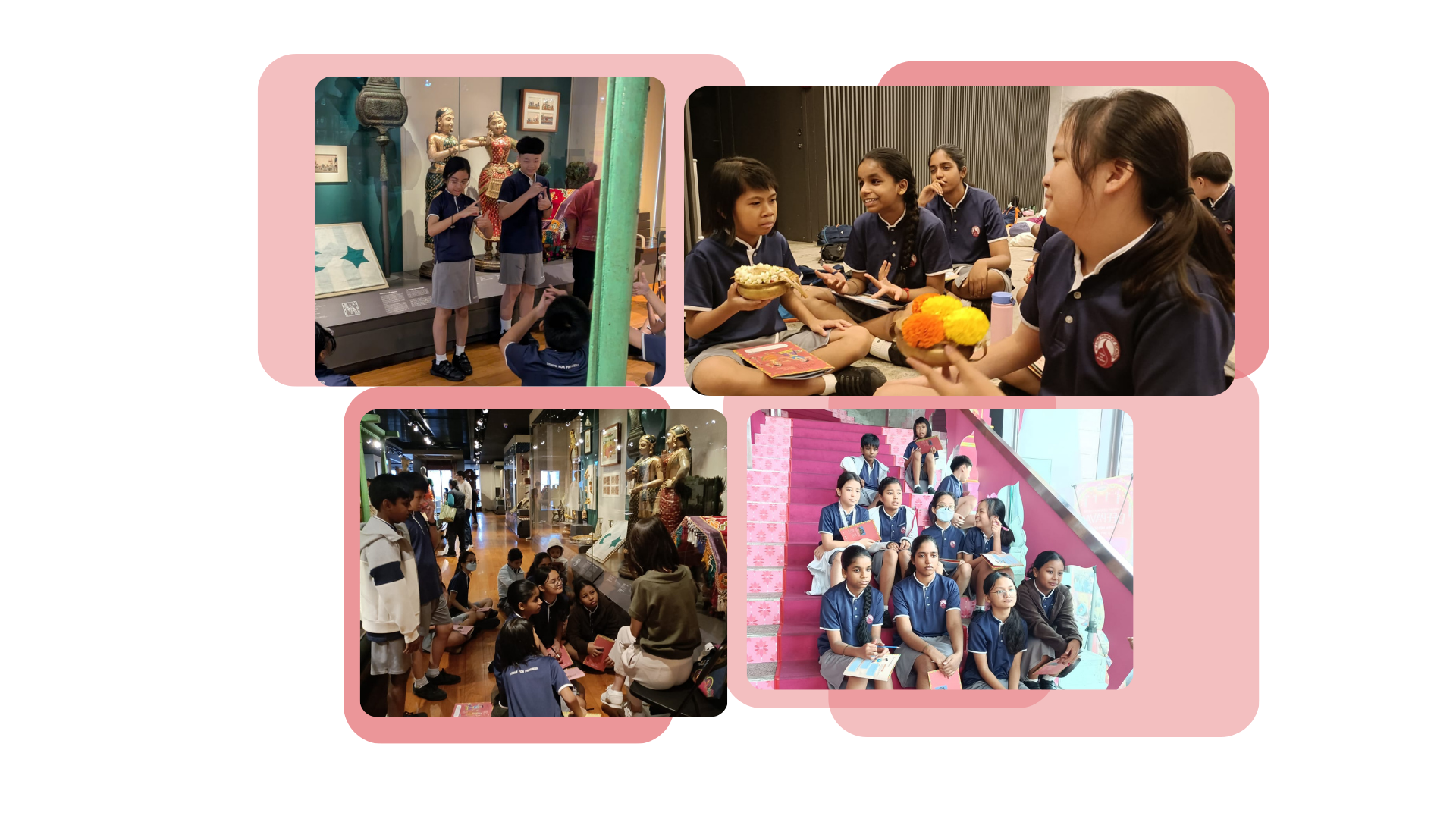 Four photos of school children in navy uniforms on a museum field trip, exploring exhibits and sitting in groups.