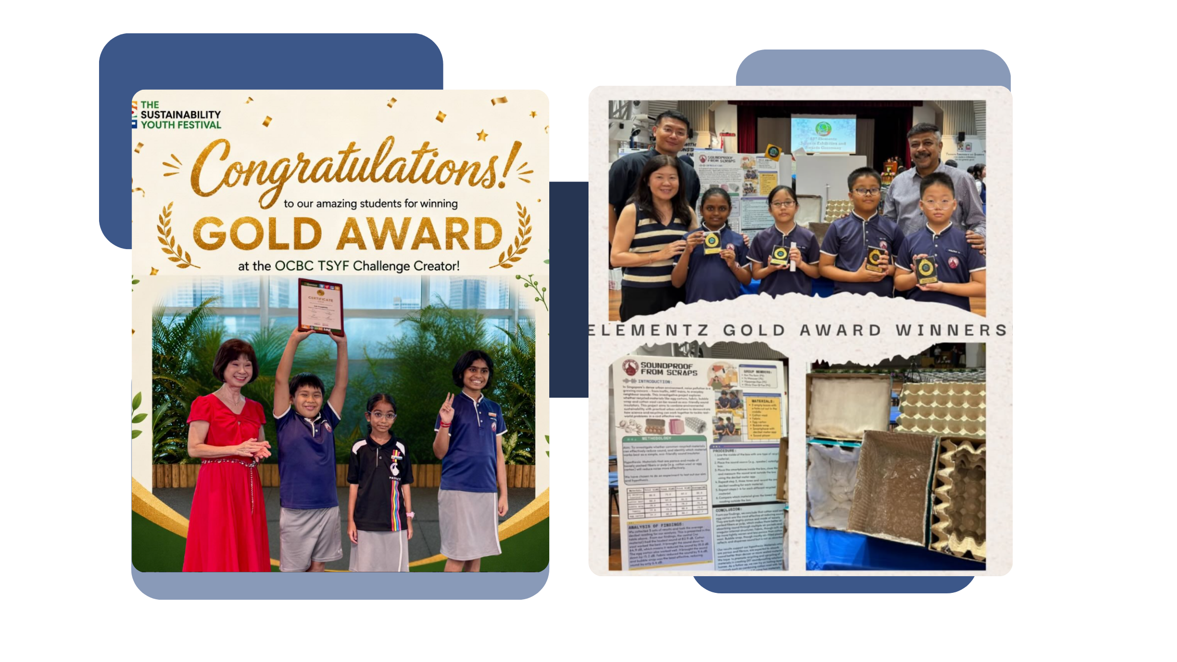 SciEinsteins students winning Gold Awards at the OCBC Sustainability Youth Festival Challenge Creator and Elementz, with their 'Soundproof from Scraps' project.