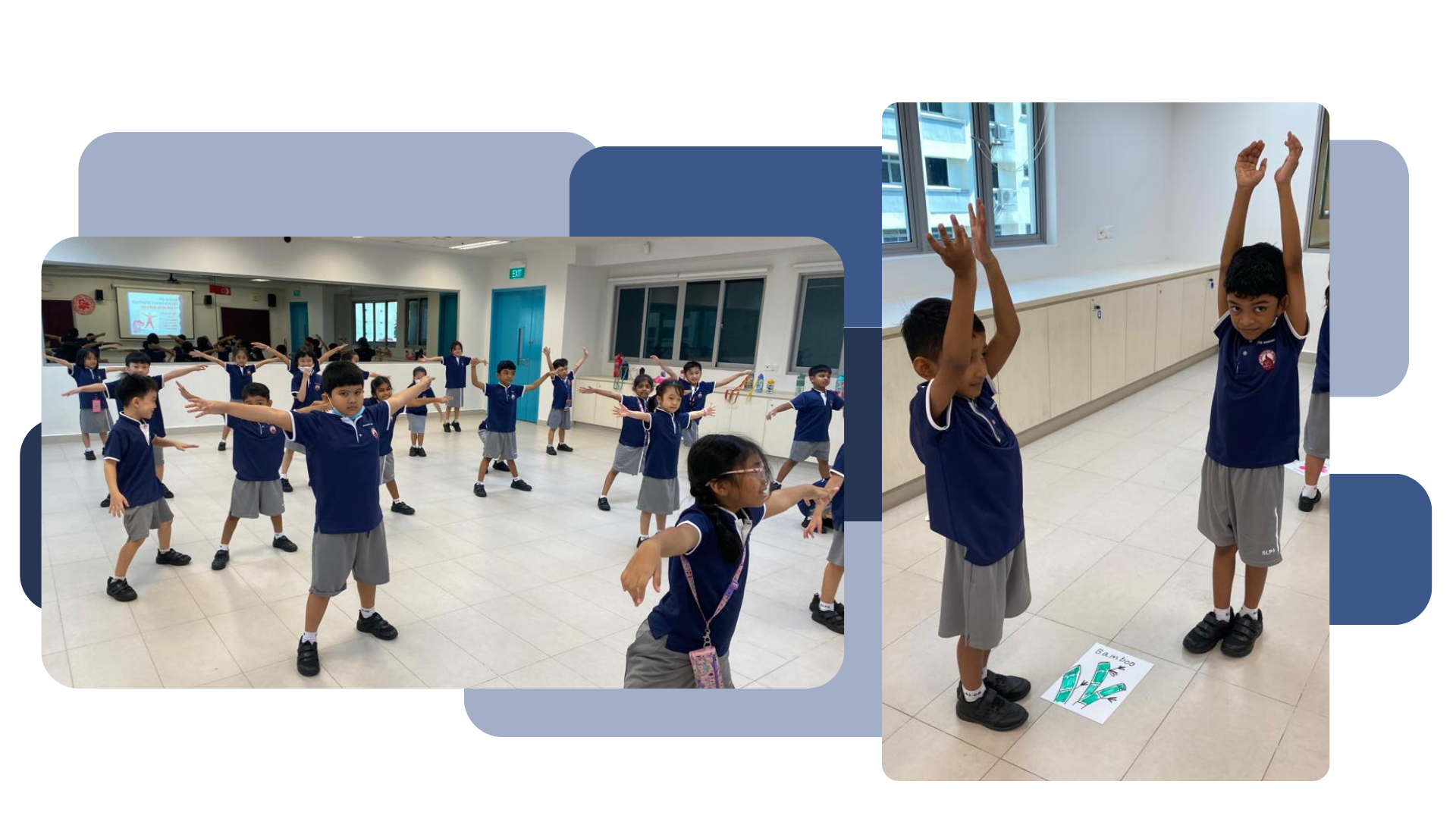 Young students in blue uniforms stretch and move during a physical activity class indoors.