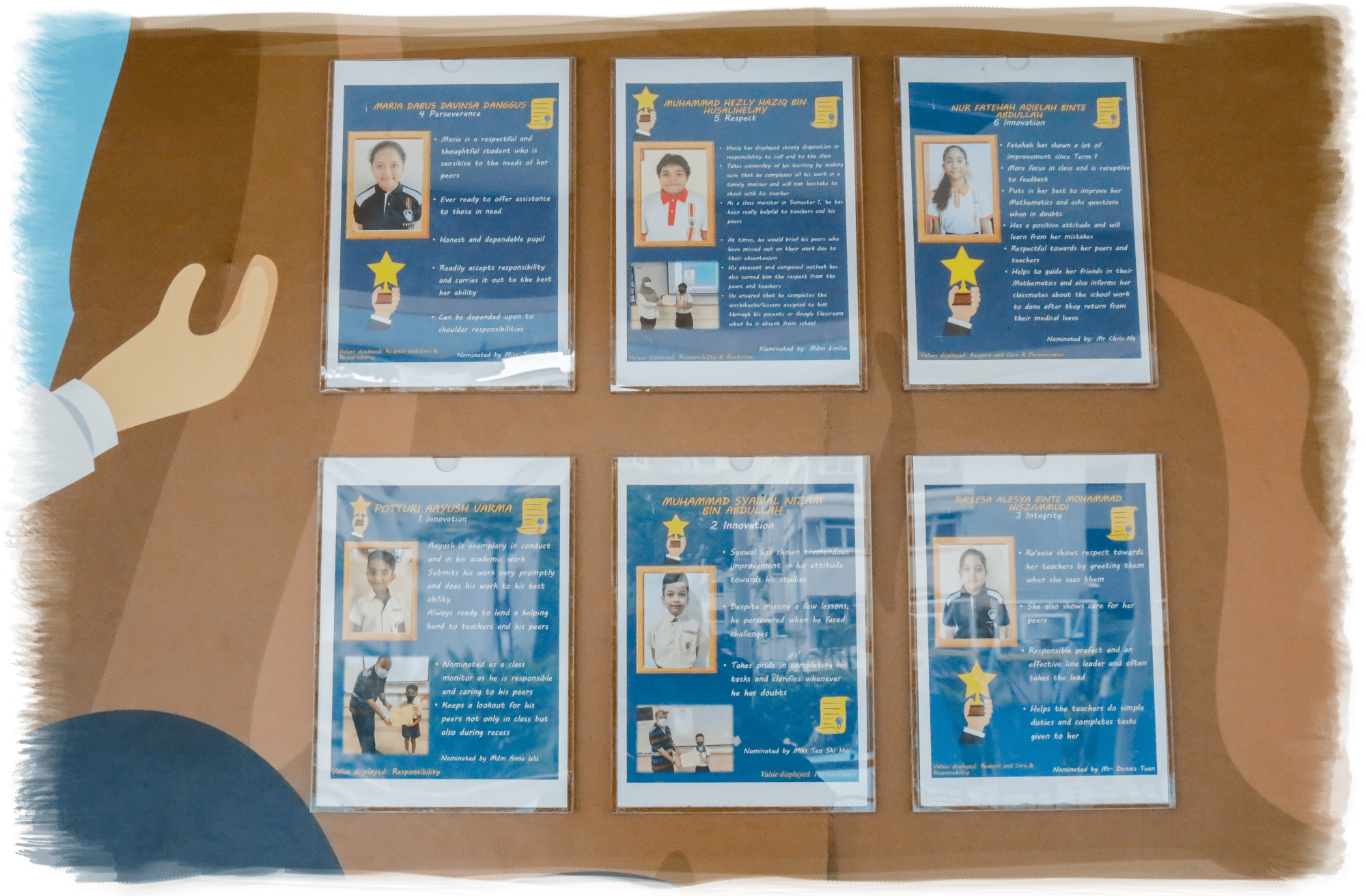 Six student award posters with portraits and text, arranged in two rows on a brown bulletin board.
