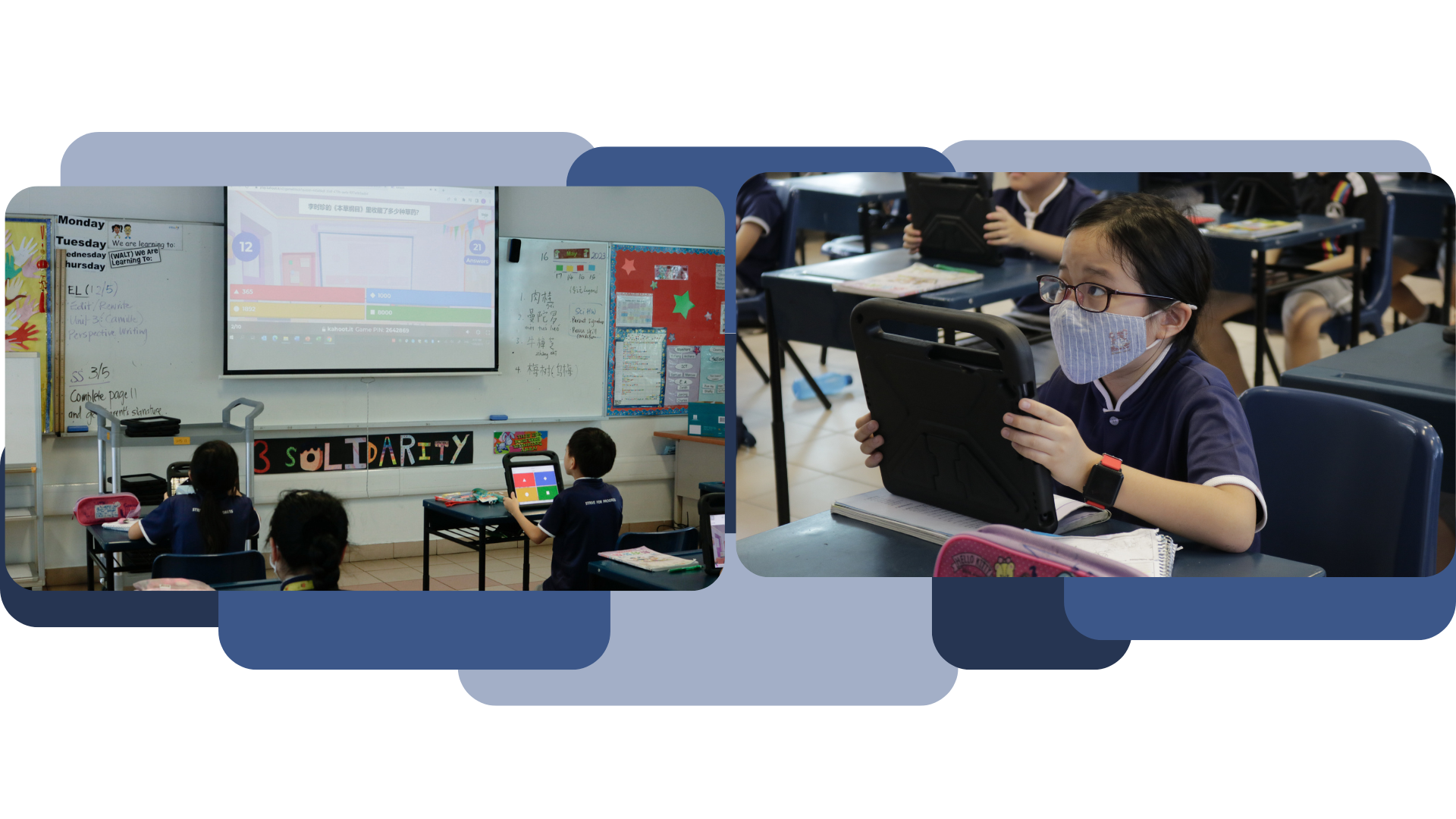 Two classroom scenes showing uniformed students using tablets, one facing a projector screen labeled Solidarity.