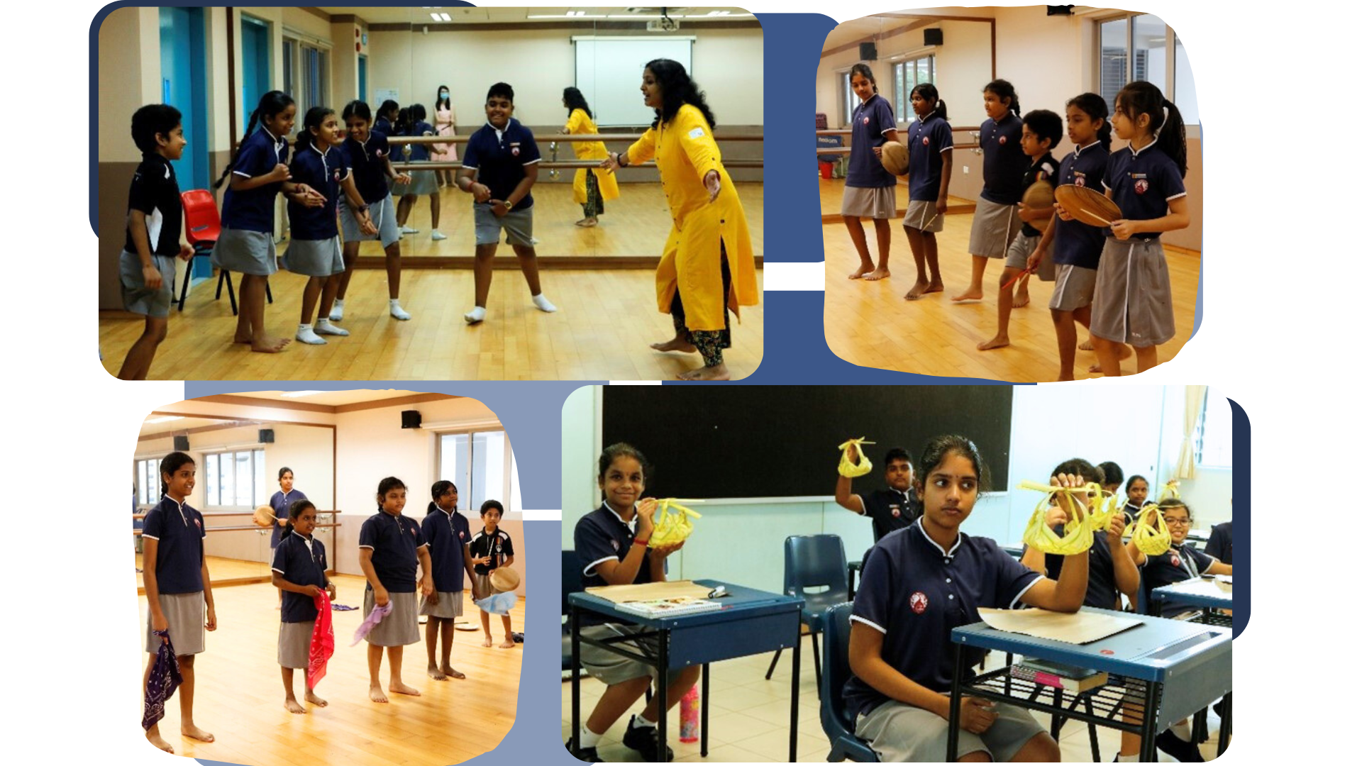 Four photos of school children in navy uniforms doing dance, music, and craft activities with a teacher.