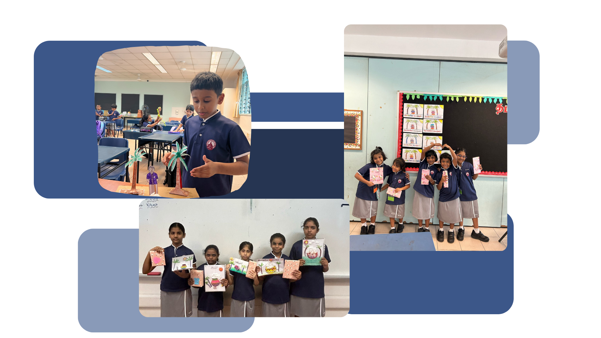 Three school photos: a boy with a craft model, girls holding handmade cards, and young students posing in a classroom.