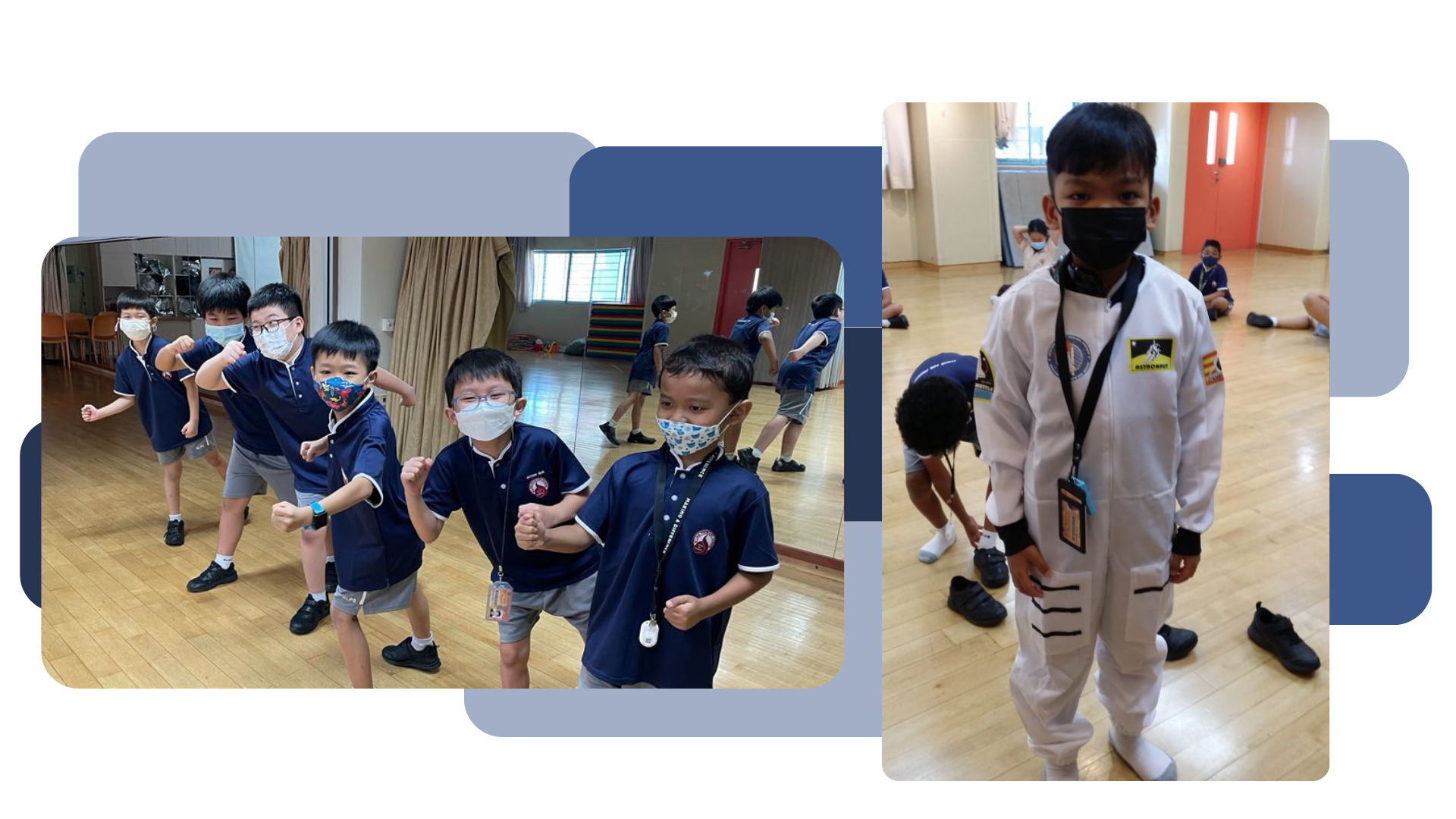Two photos: masked schoolboys posing in uniforms indoors, and a boy wearing a white astronaut costume in a hall.