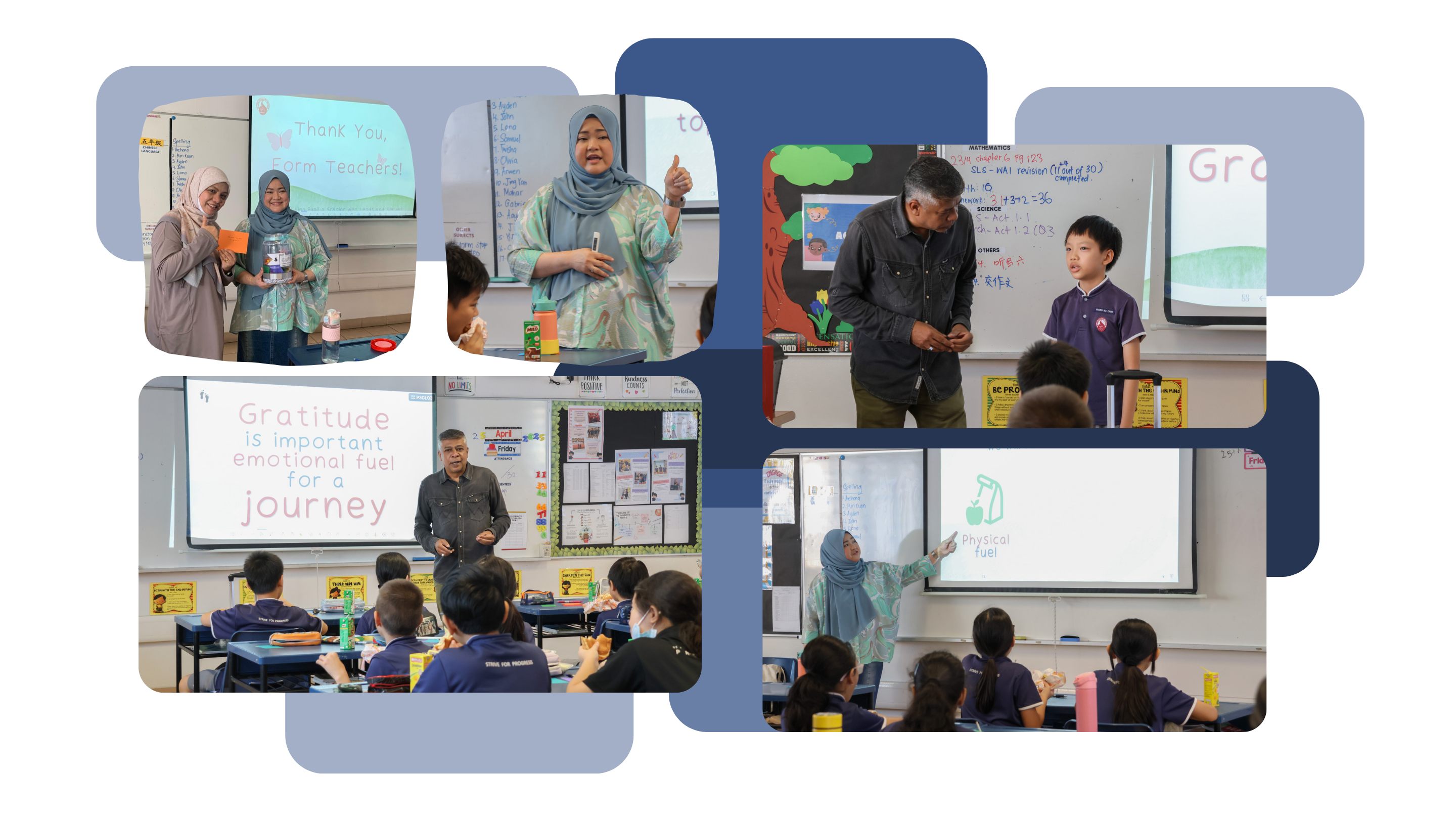 3 photos from top-left. A female teacher with our female ex-Vice Principal (Mdm Azian) smiling for a photo, Mdm Azian speaking to a class, our Vice-Principal (Mr Raj) speaking with a male student in front of the class. 2 photos from bottom-left. Mr Raj speaking in front of the class, Mdm Azian speaking in front of the class.