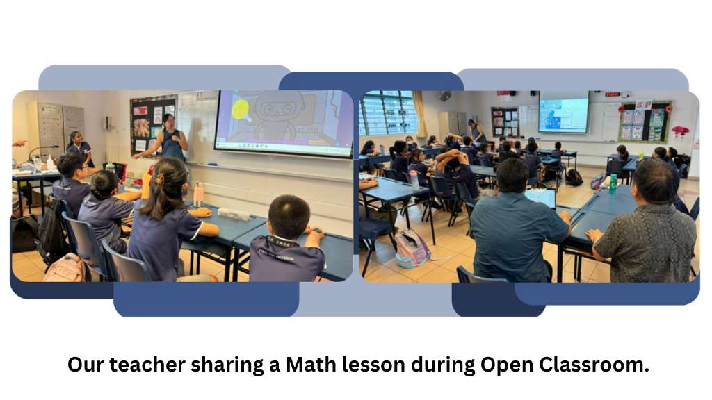 Two classroom photos showing a teacher presenting a math lesson on a screen to seated students and adult observers.