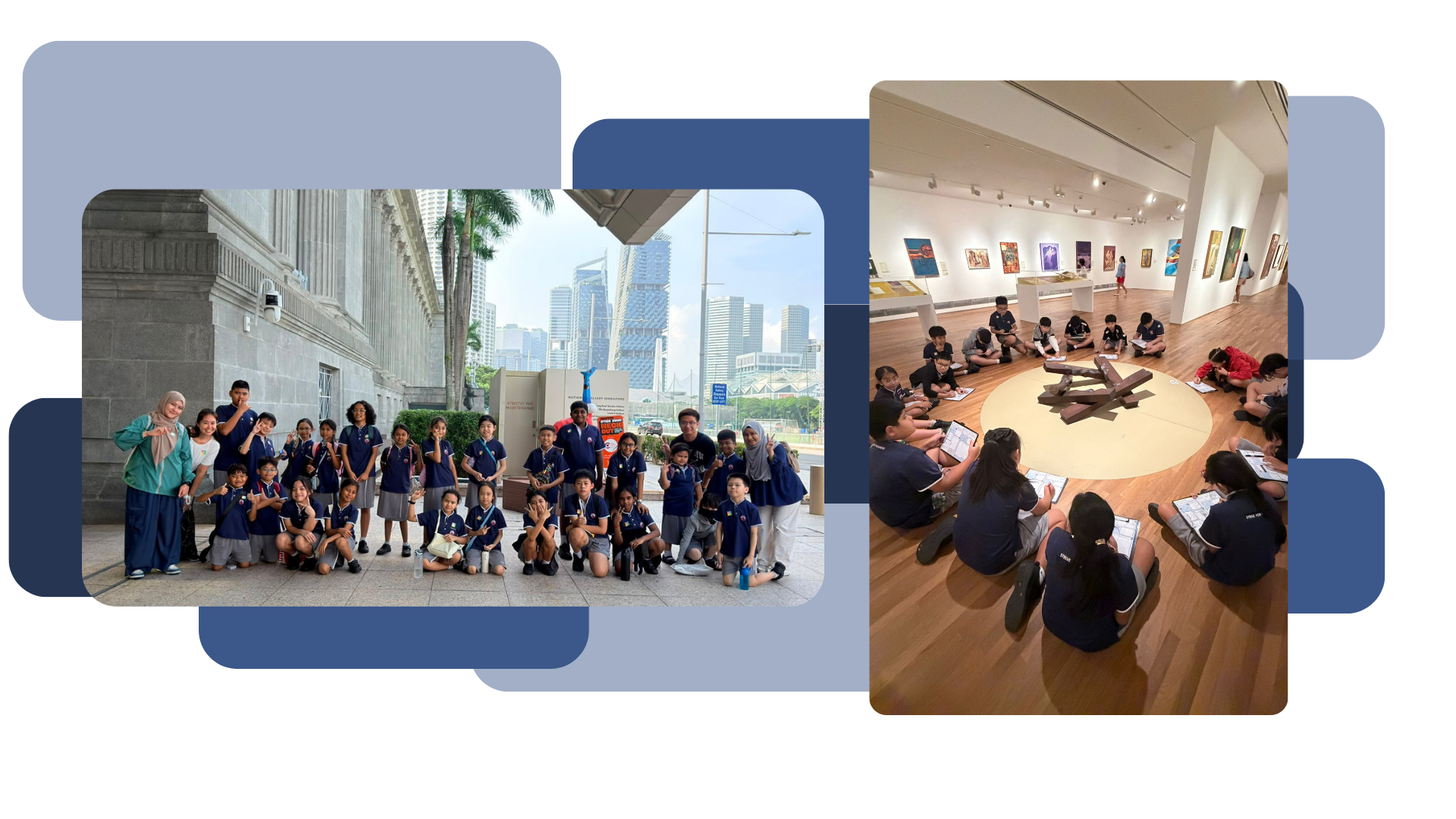 Primary school children on a field trip to the National Gallery Singapore — posing outside the building and sitting in a circle on the gallery floor during a learning activity.