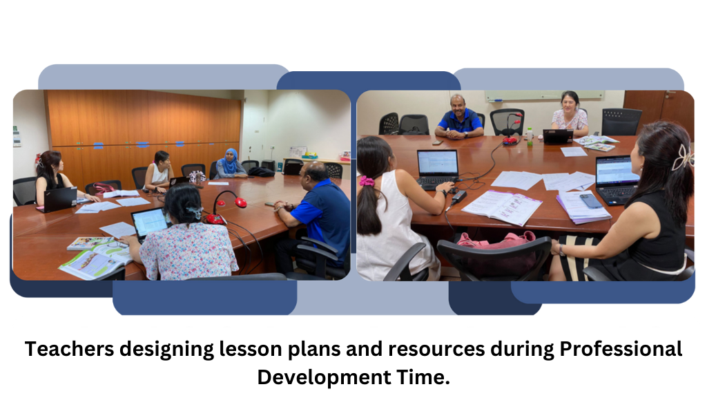 Teachers seated around conference tables with laptops and papers, collaborating during a professional development session.
