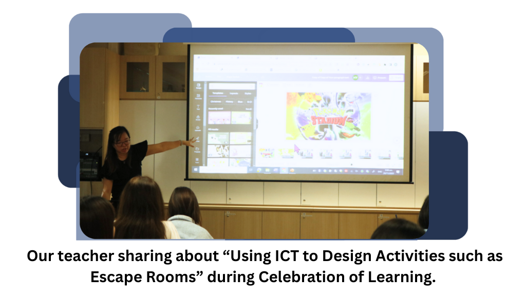 A teacher points at a projected screen showing colorful slides while students sit facing the presentation.